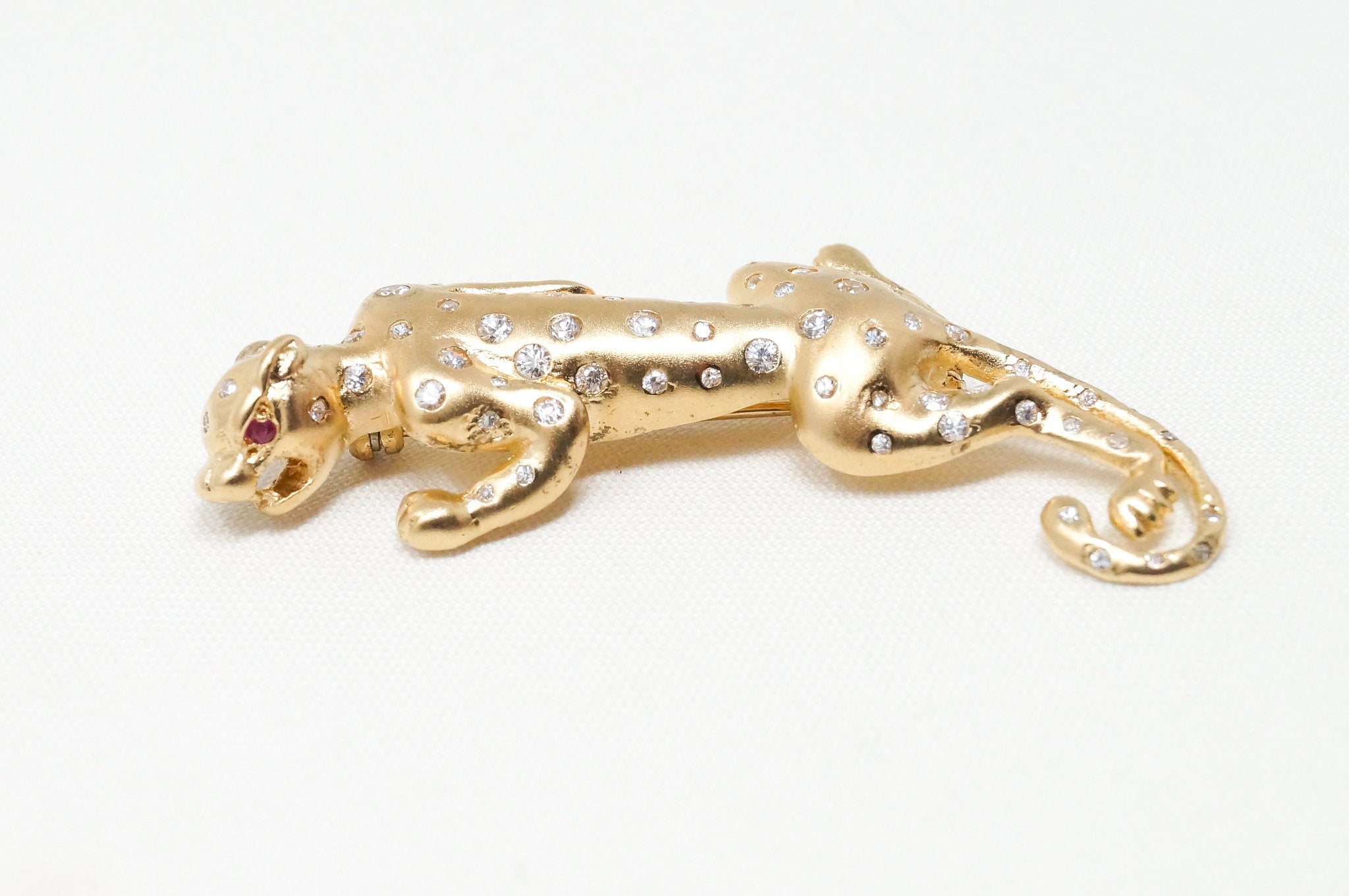 Vintage Gold Vermeil Garnet CZ Cheetah Sterling Silver Brooch Pin