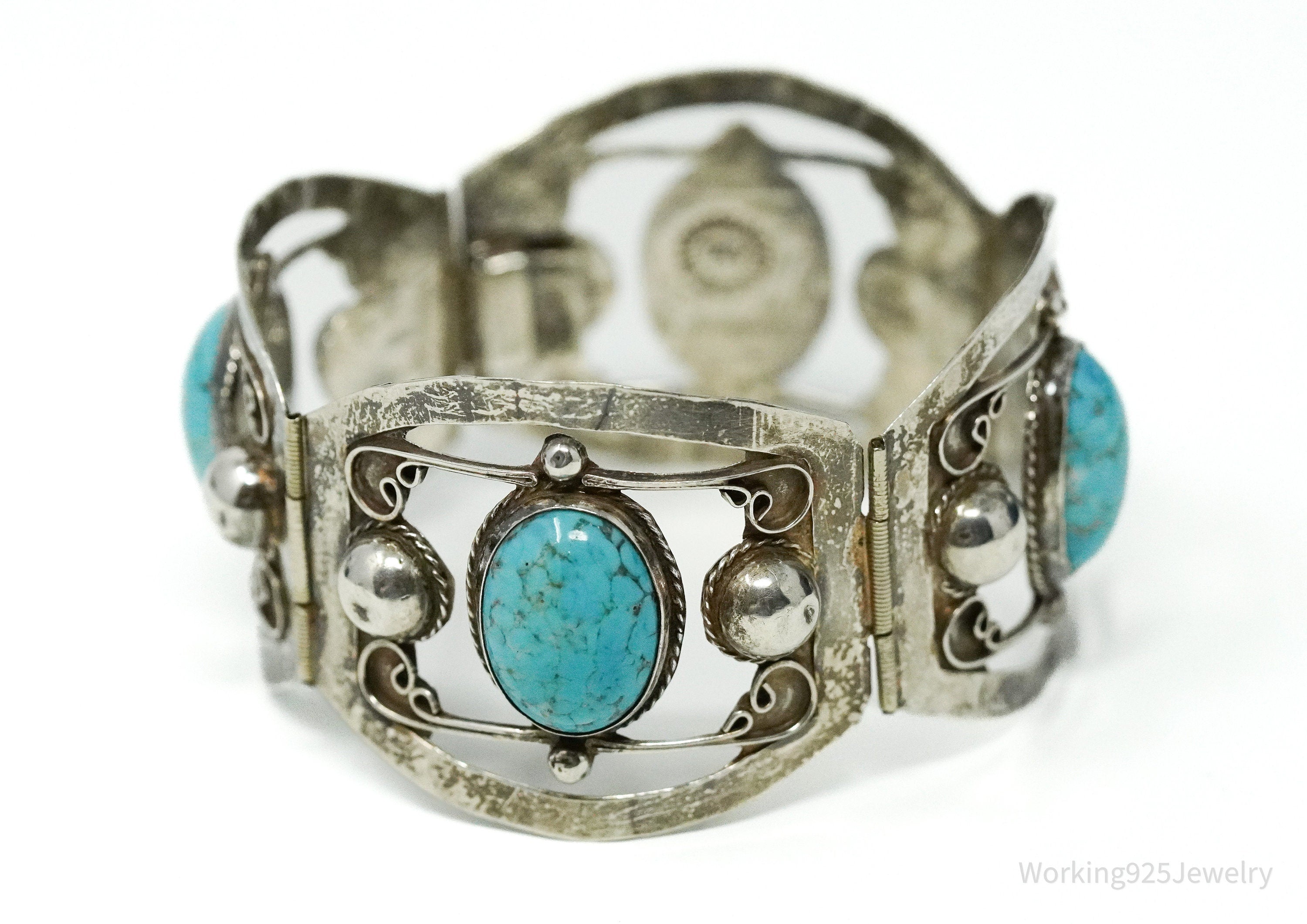 Vintage Mexico Glass Turquoise Sterling Silver Bracelet - 6.75"