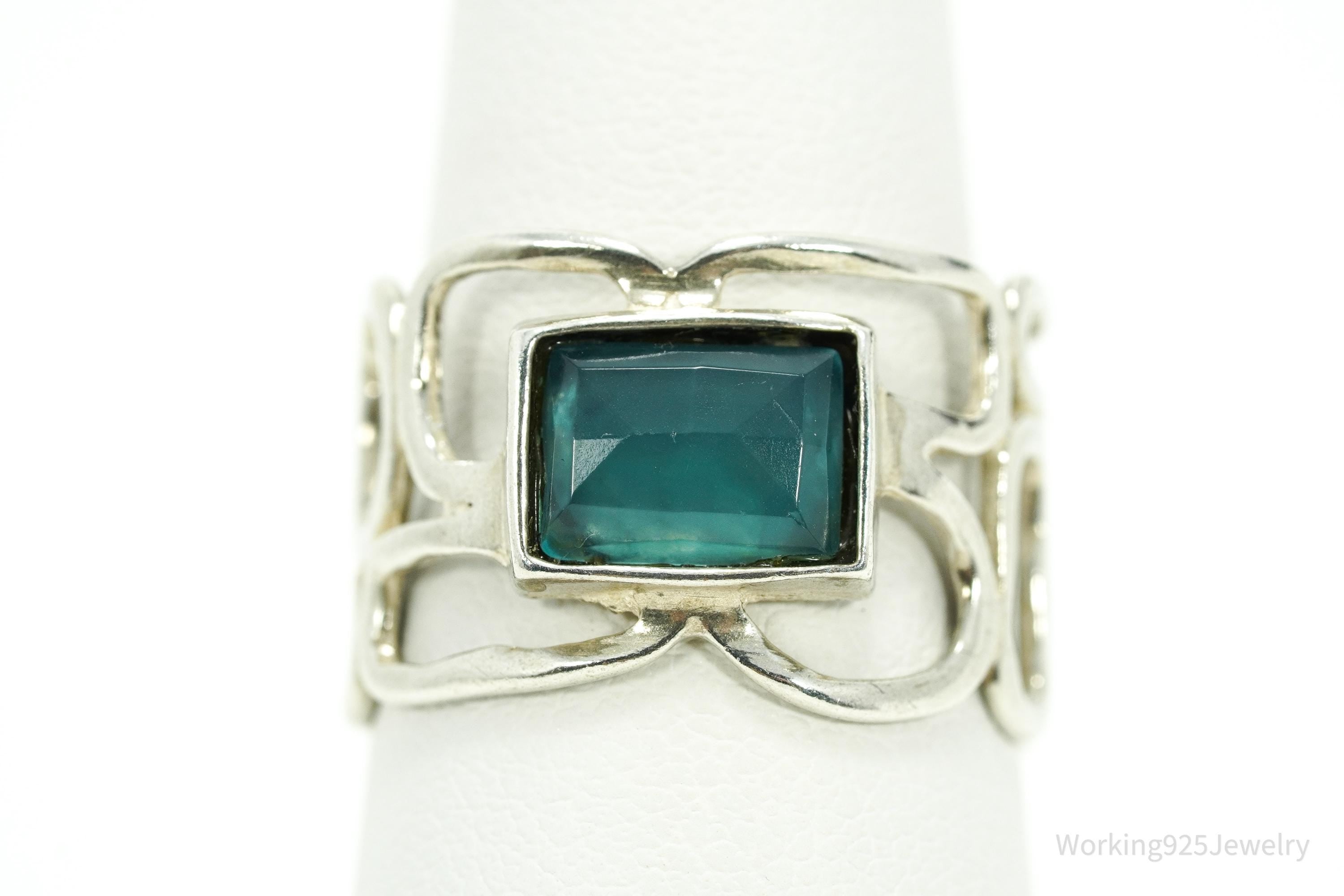 Vintage Teal Chalcedony Modernist Style Sterling Silver Ring - Size 6.75