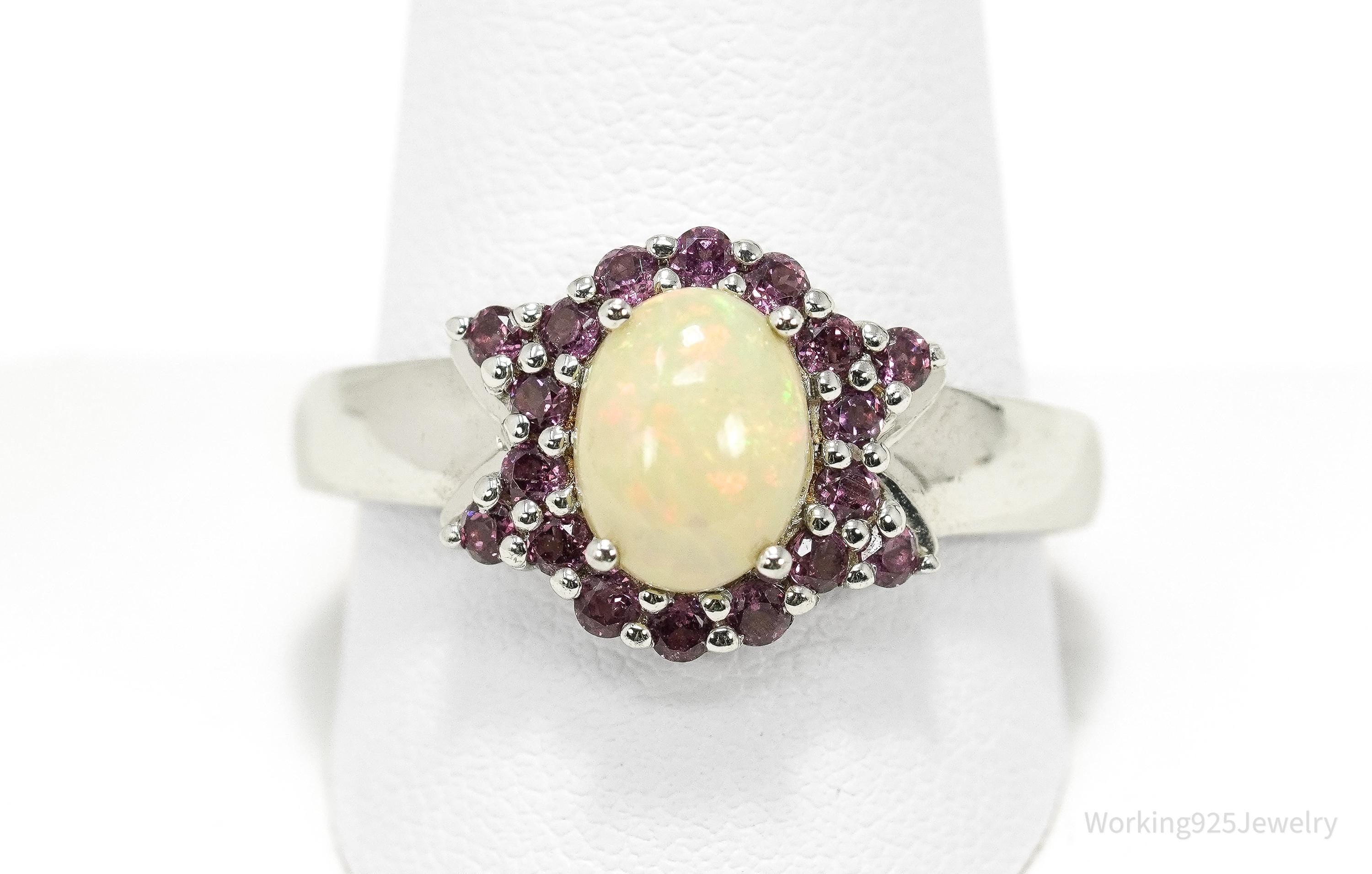 Vintage Opal & Purple Garnet Sterling Silver Cluster Ring – Size 11.5
