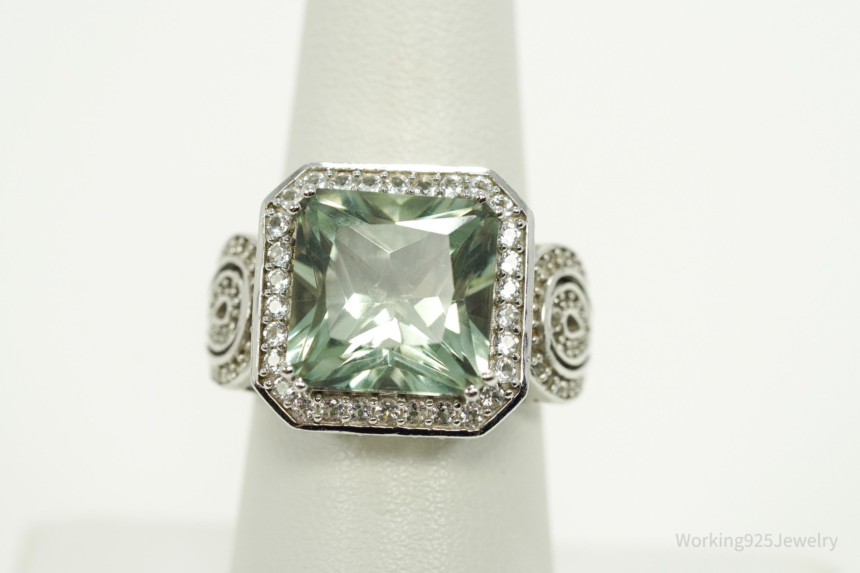 Large Green Amethyst & White Topaz Sterling Silver Ring - Size 7