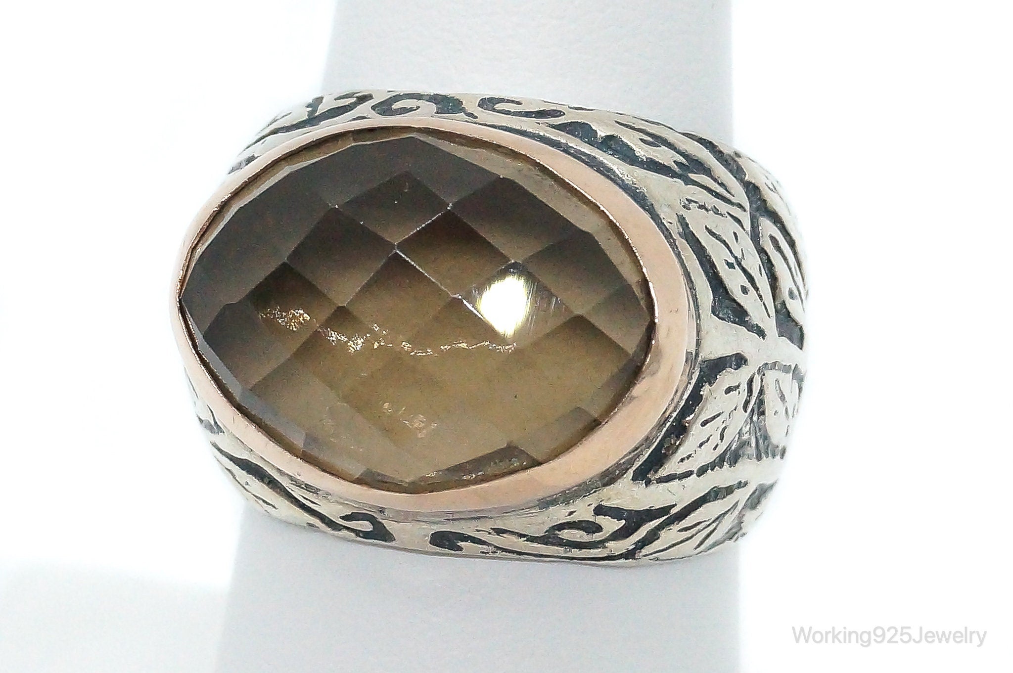 Vintage Large Smoky Topaz 14K Gold Sterling Silver Ring - Size 7.25