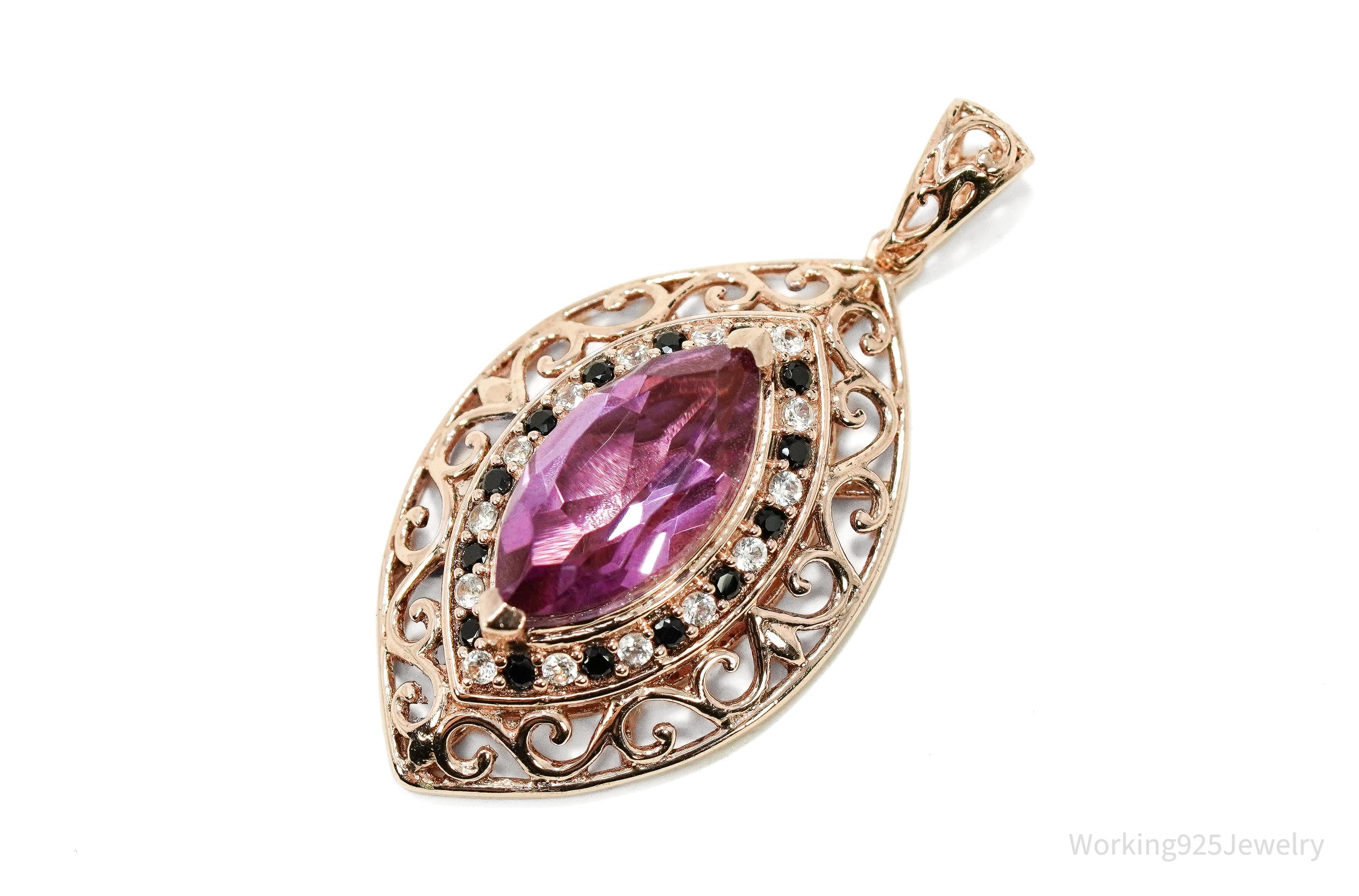 Pink Topaz Black Spinel Cubic Zirconia Rose Gold Vermeil Sterling Silver Necklace Pendant