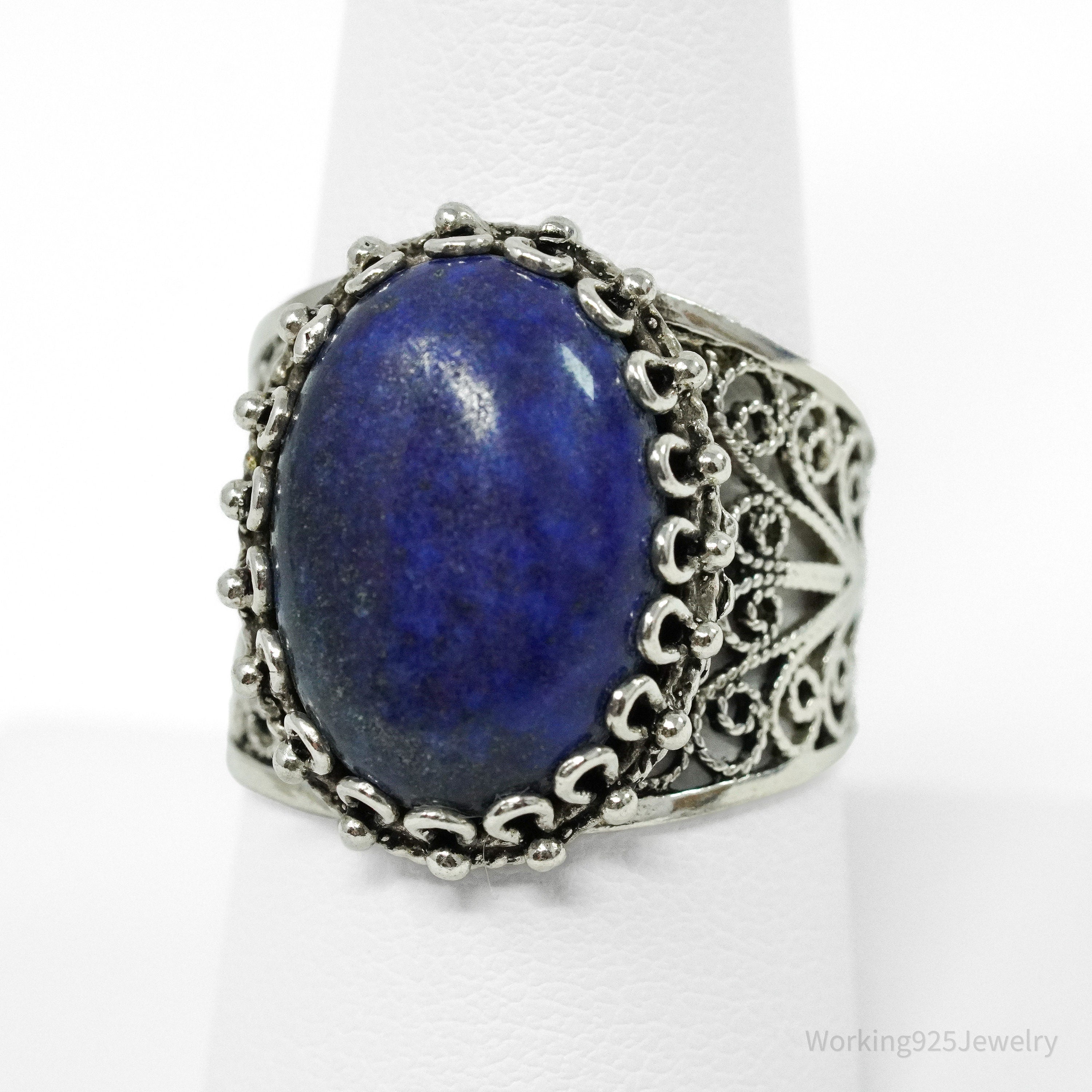 Vintage Designer DGS Lapis Lazuli Filigree Sterling Silver Ring - Size 9