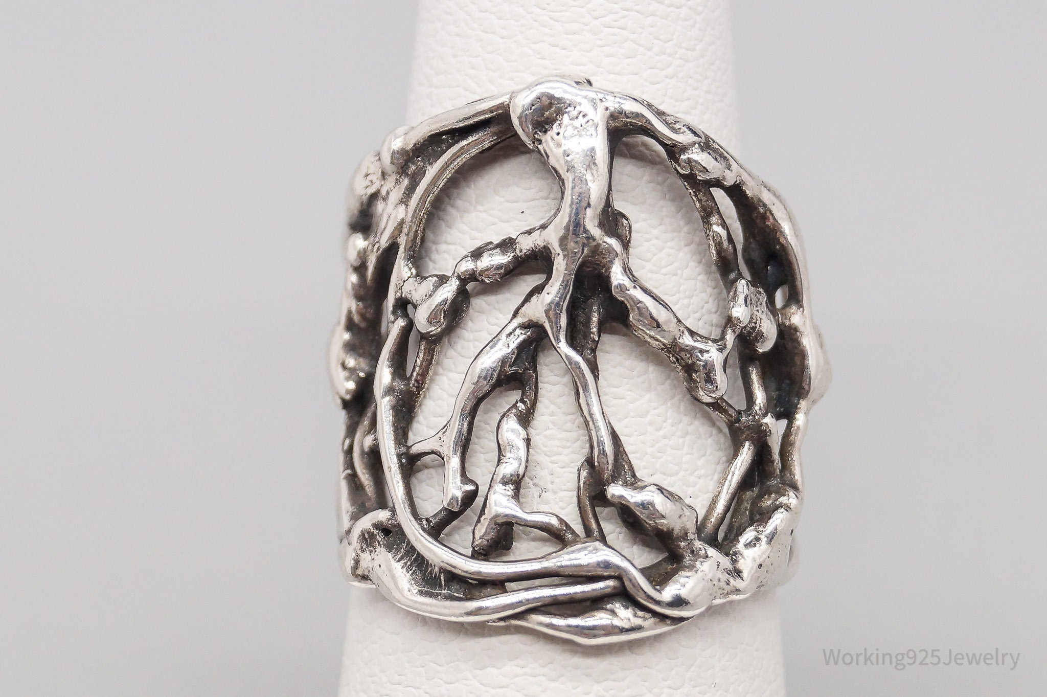 Vintage Brutalist Style Tree Of Life Silver Ring - Size 5.5