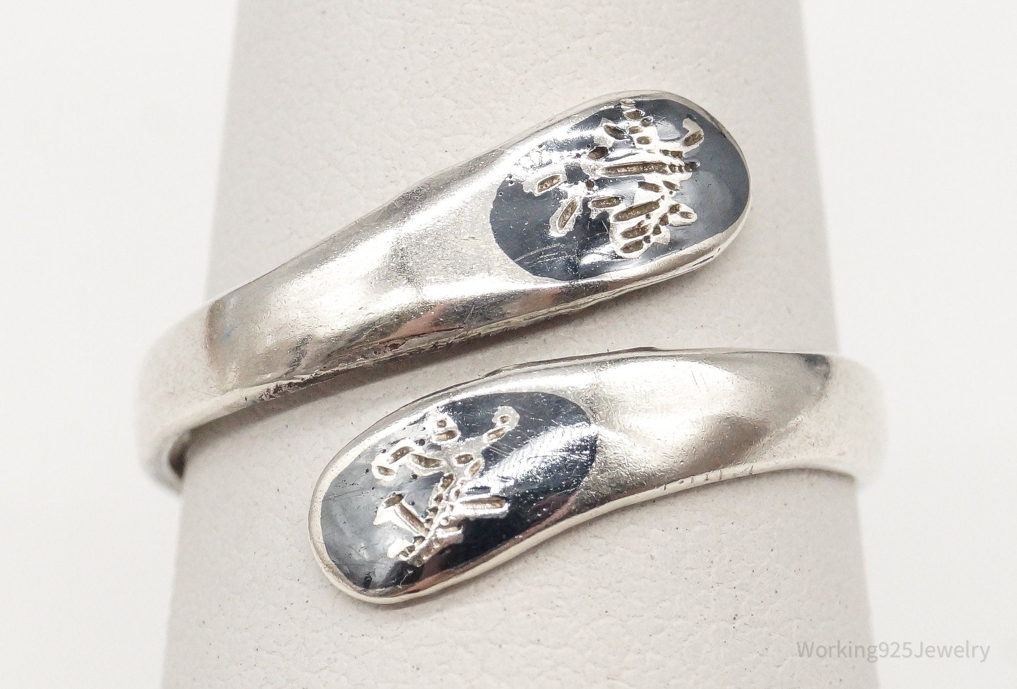 Vintage Black Enamel Dancers Sterling Silver Wrap Ring - Size 8 Adjustable