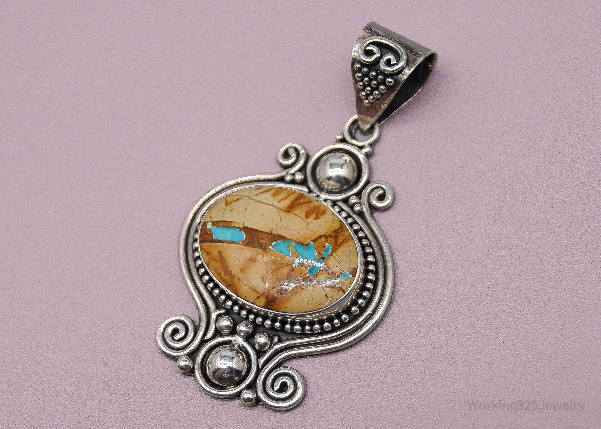 Large Vintage BNY Jasper With Hint Of Turquoise Sterling Silver Pendant