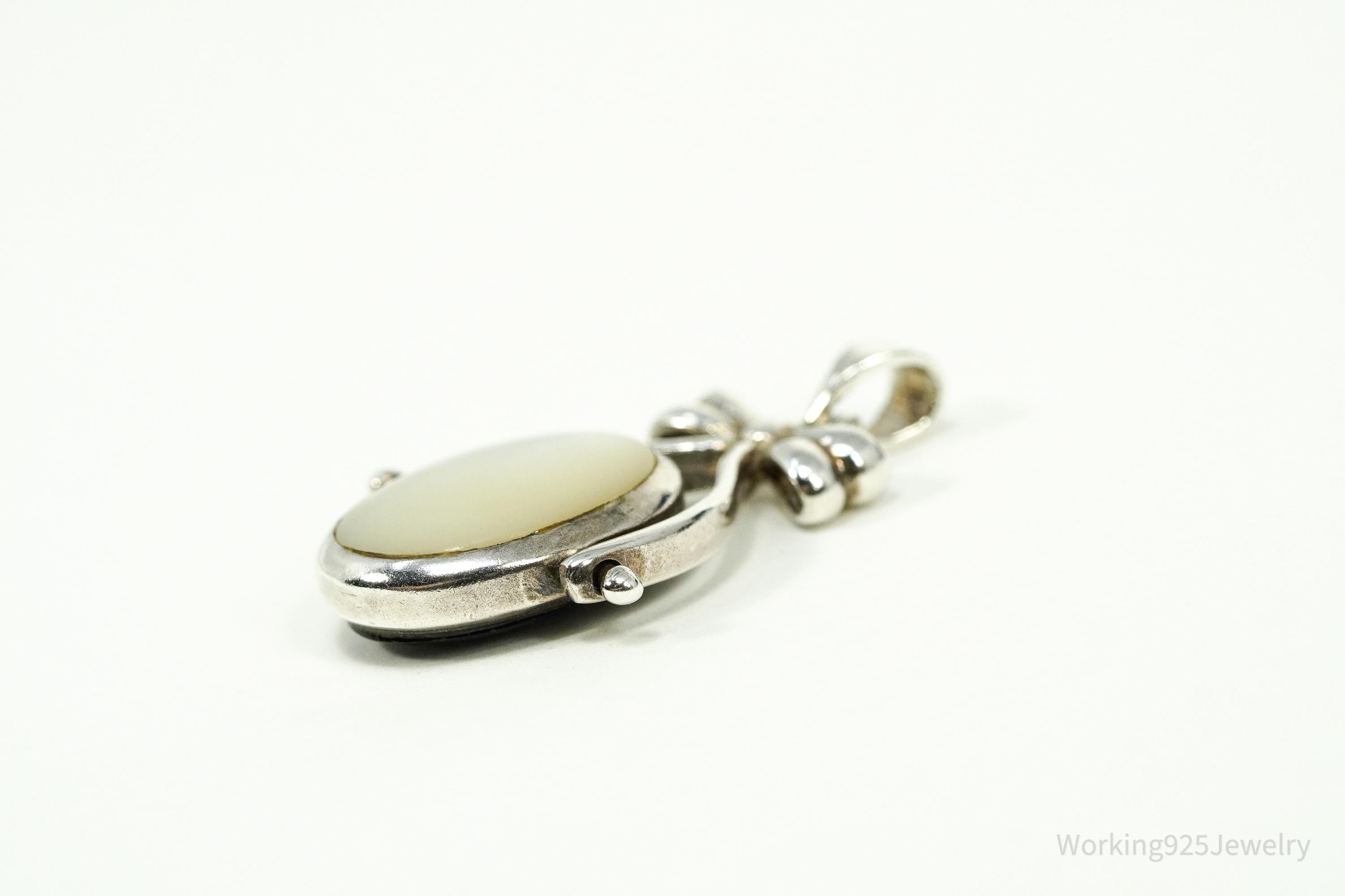Vintage Black Onyx & Mother Of Pearl Spinning Fob Sterling Silver Pendant