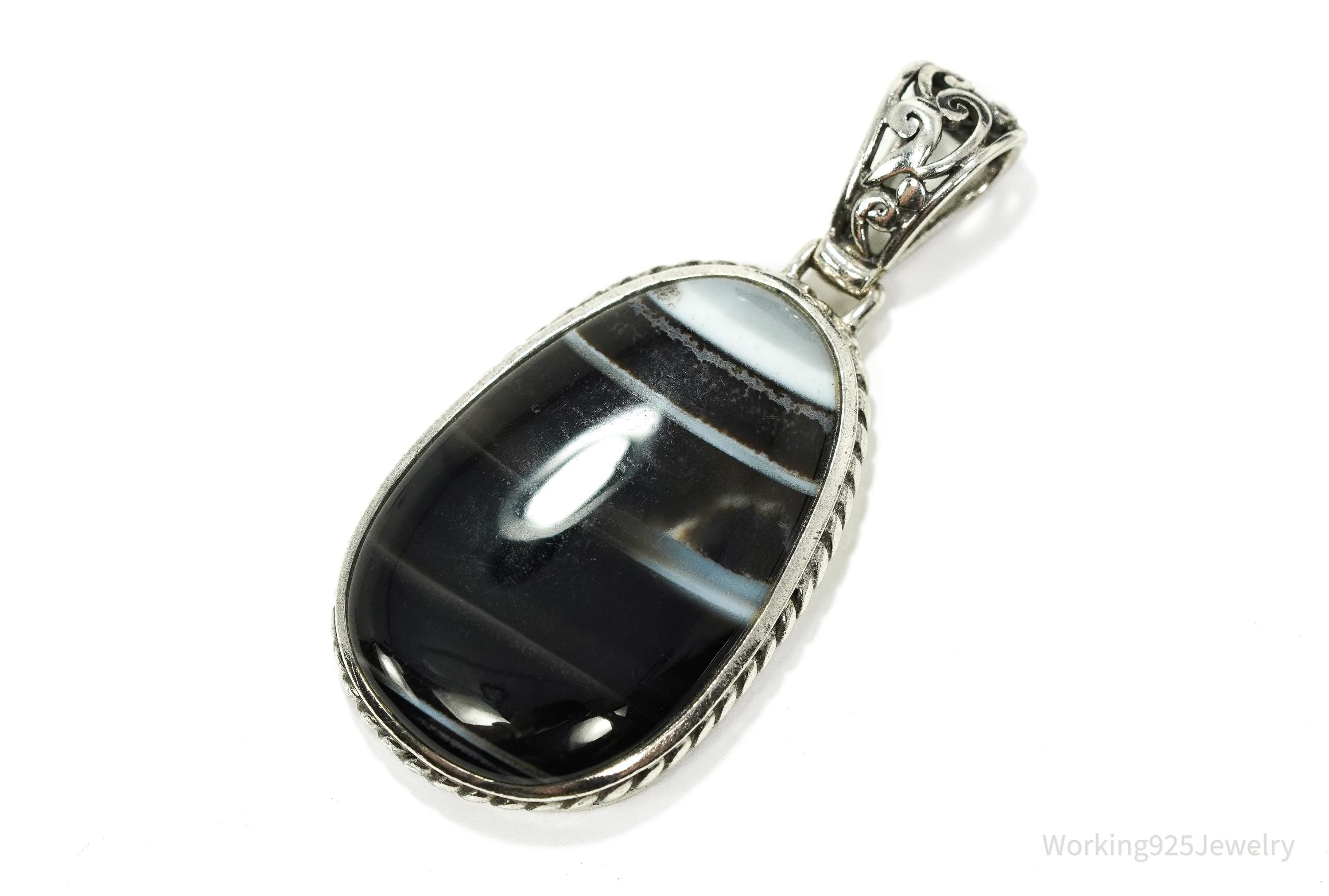 Vintage Large Black Lace Agate Sterling Silver Pendant