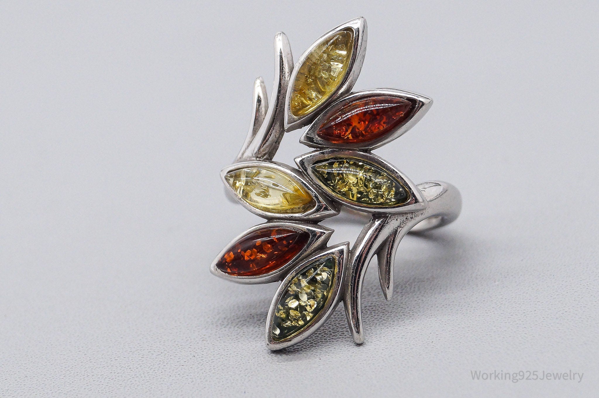 Modernist Style Multi Color Amber Gemstone Sterling Silver Ring - Size 6