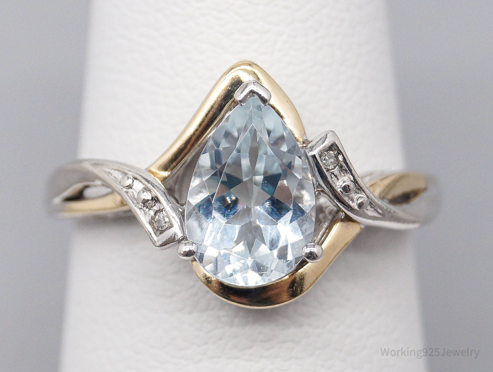 Vintage Alwand Vahan Aquamarine Diamond 10K Gold Sterling Silver Ring Size 7