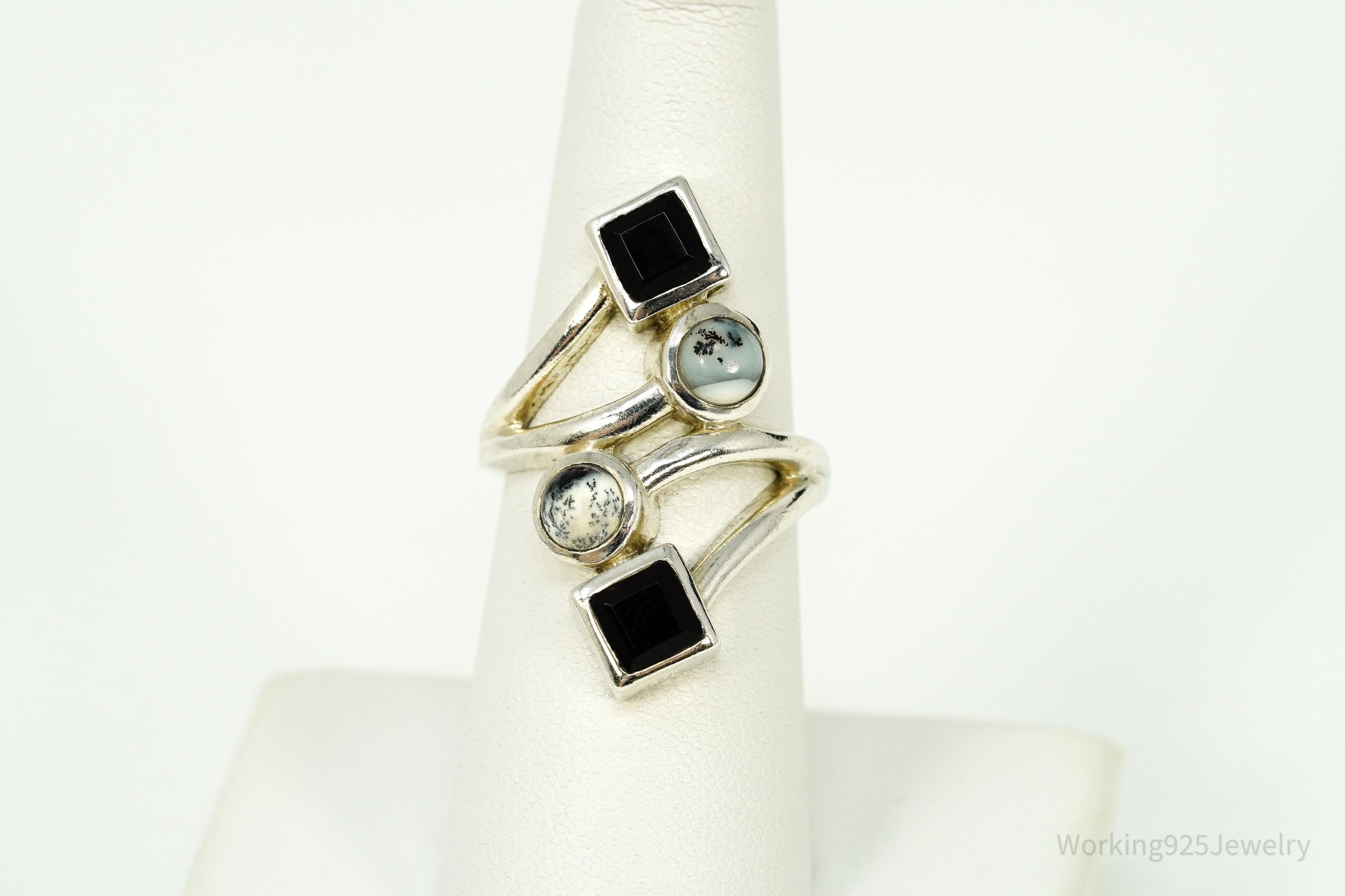 Vintage Dendritic Agate & Black Onyx Silver Ring - Size 6.75