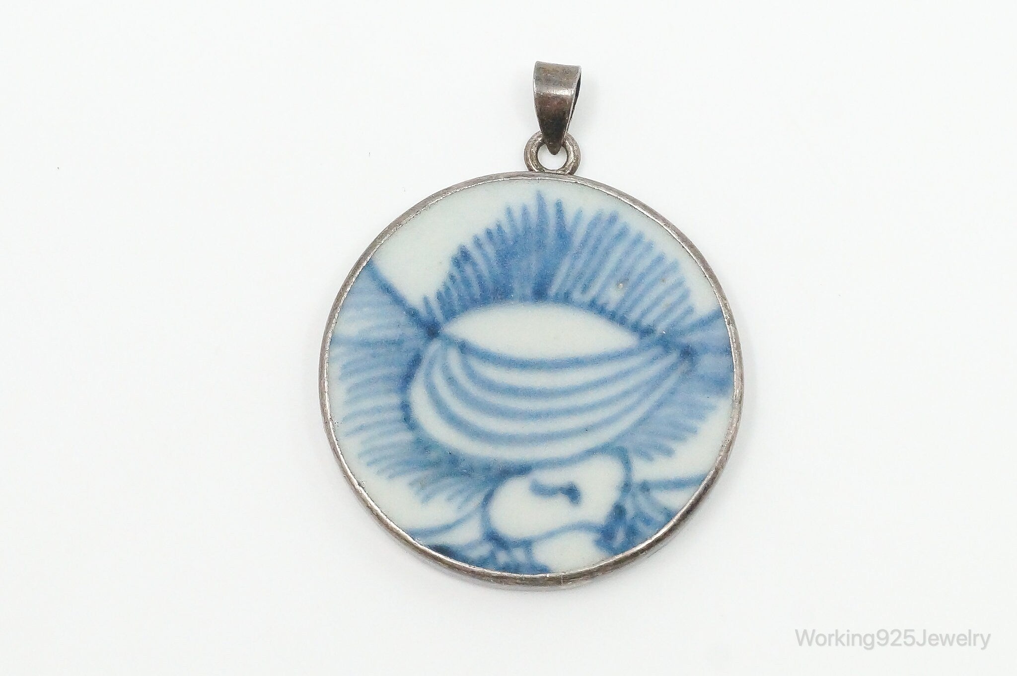 Vintage White Blue Ming Porcelain Sterling Silver Pendant