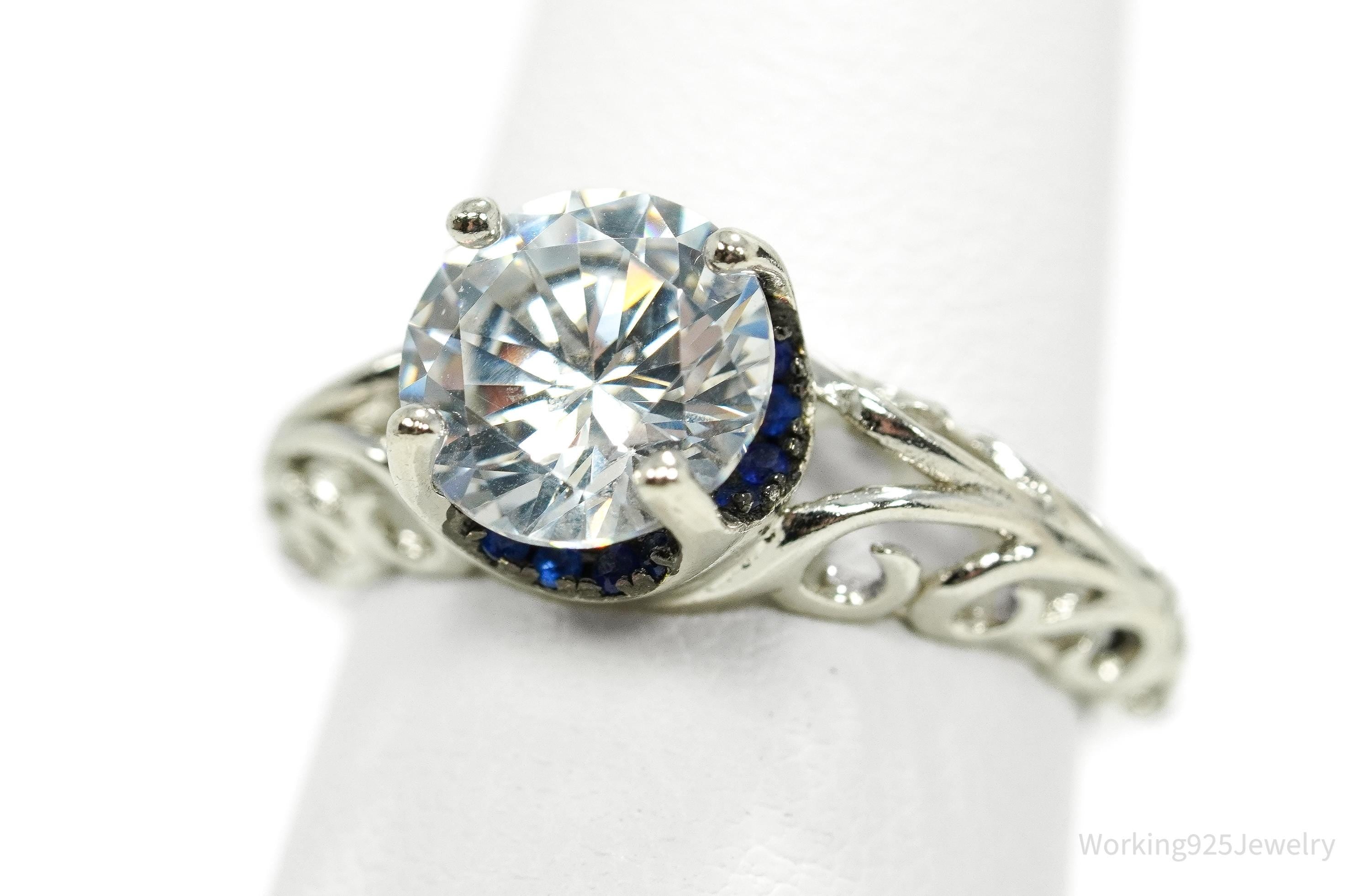 White Cubic Zirconia & Blue Spinel Sterling Silver Ring - Size 5