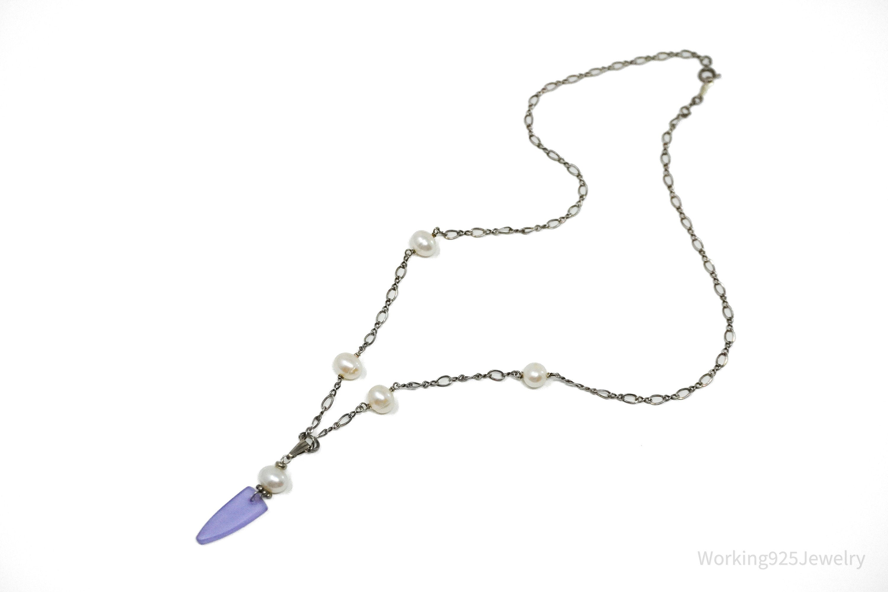 Vintage Pearl & Purple Stone Sterling Silver Necklace 18"