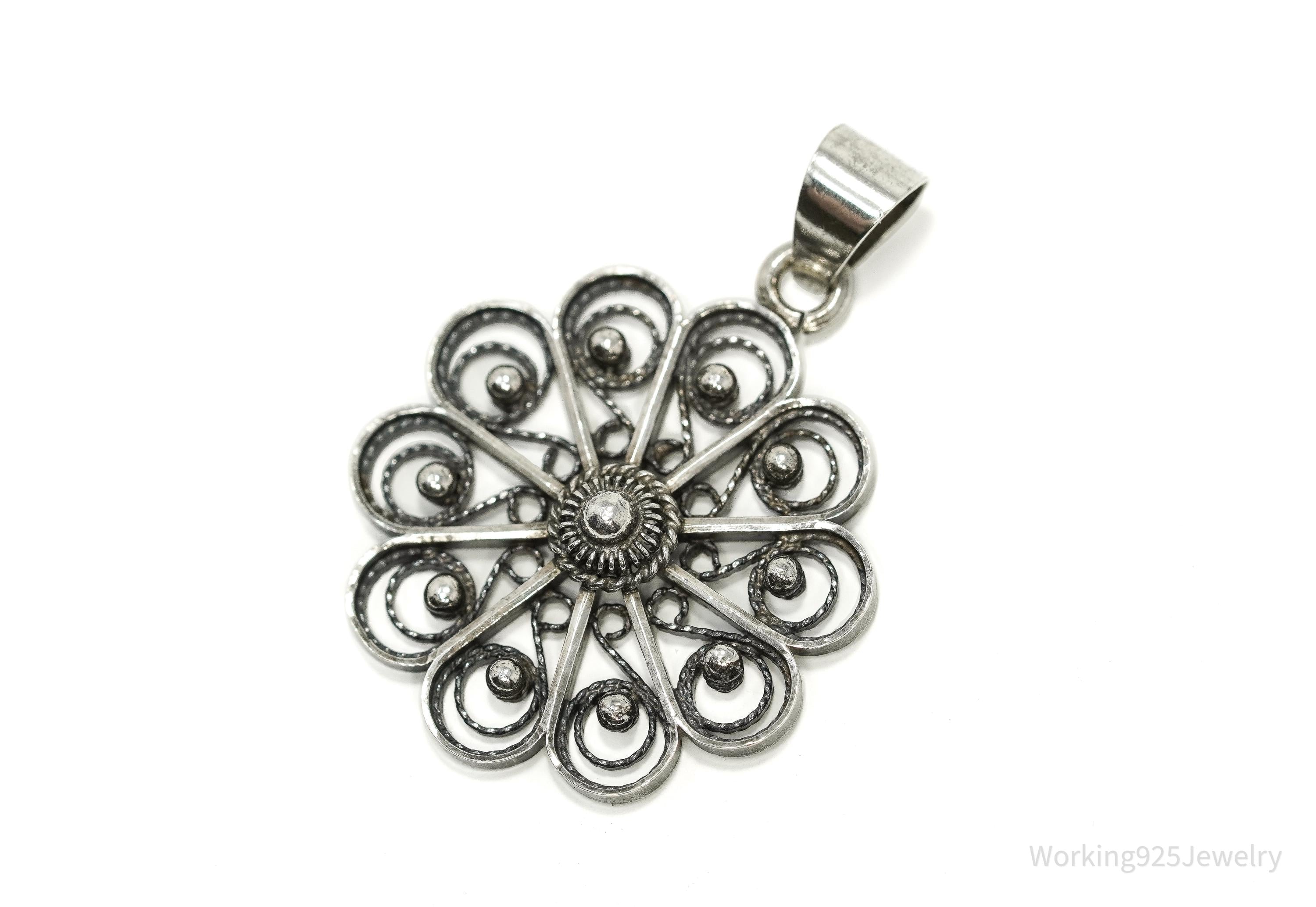Vintage Ornate Norwegian Modernist Flower 830S Silver Pendant 1.25"