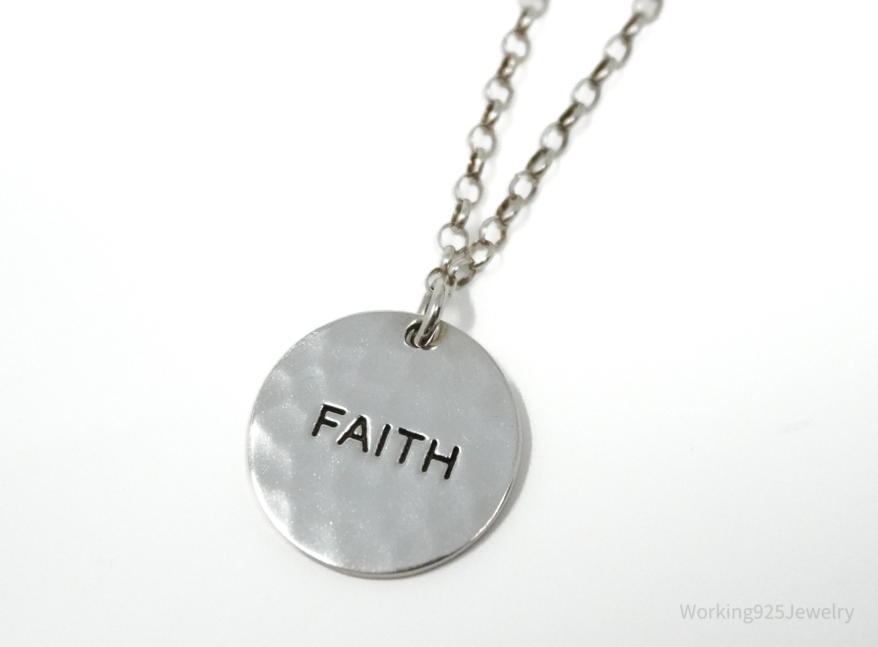 Vintage FAITH Sterling Silver Hammered Style Pendant Necklace 17"