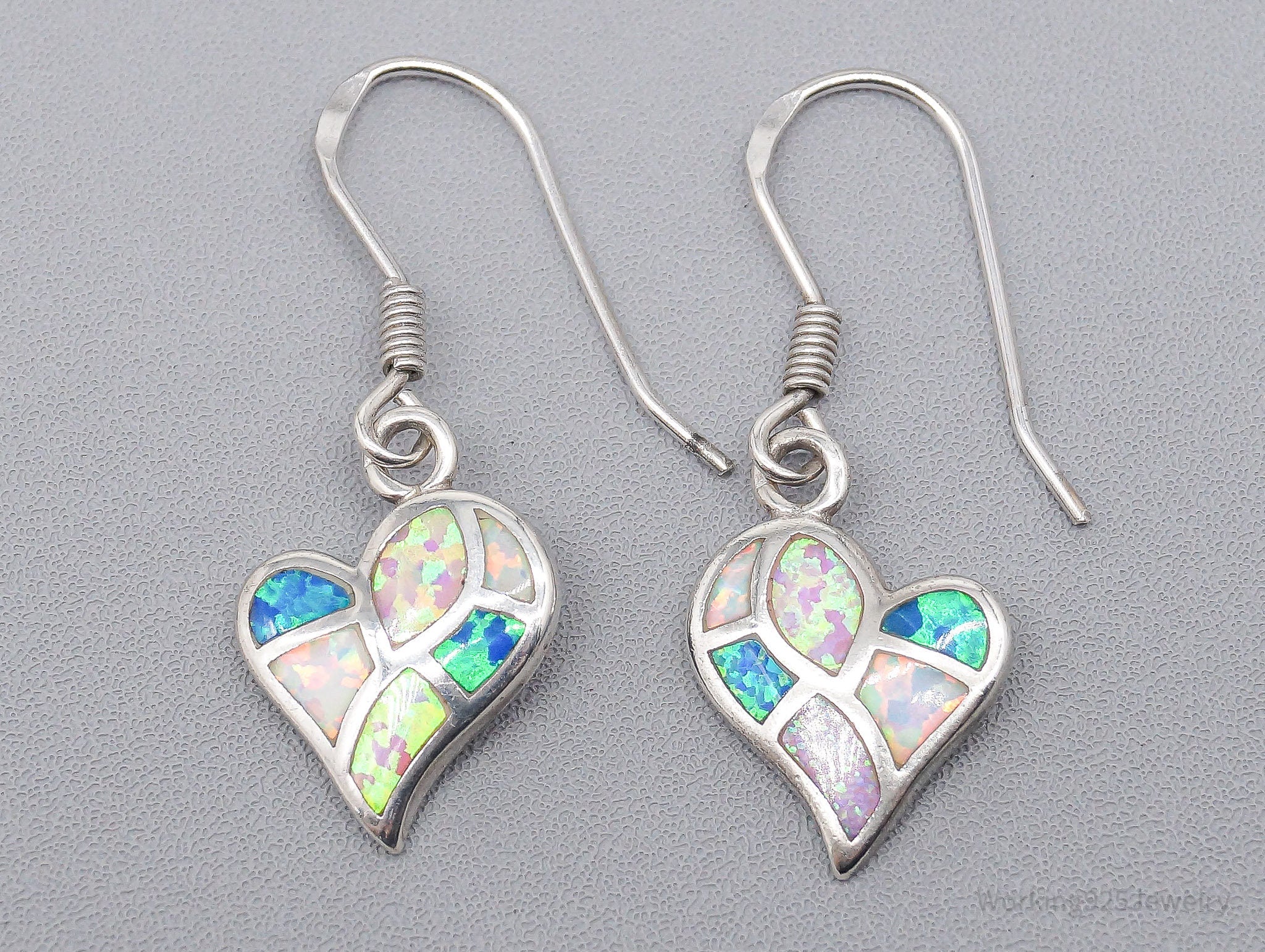 Vintage Opal Inlay Hearts Sterling Silver Earrings