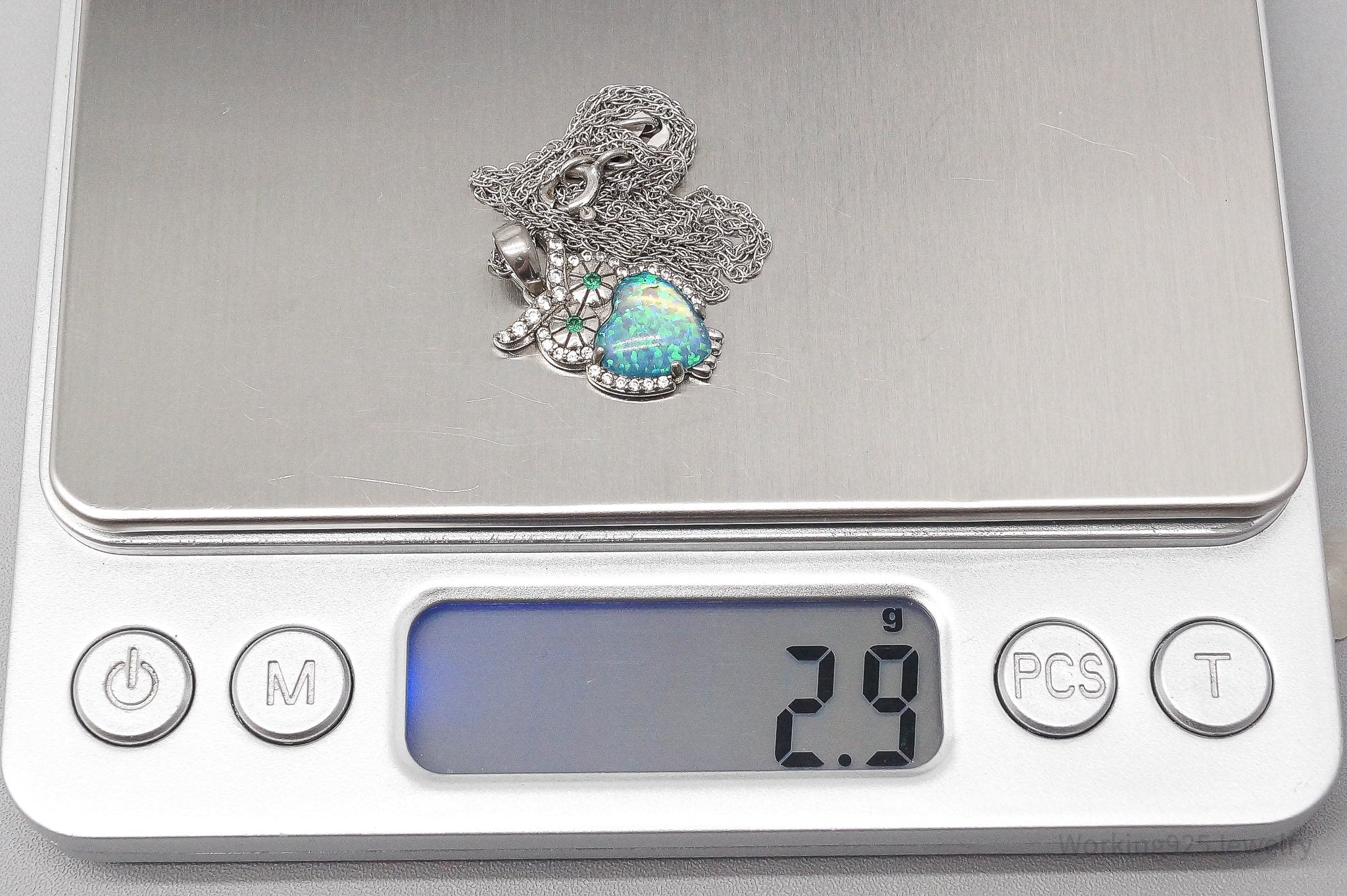 VTG Designer JCM Faux Opal Inlay Cubic Zirconia Sterling Silver Owl Necklace