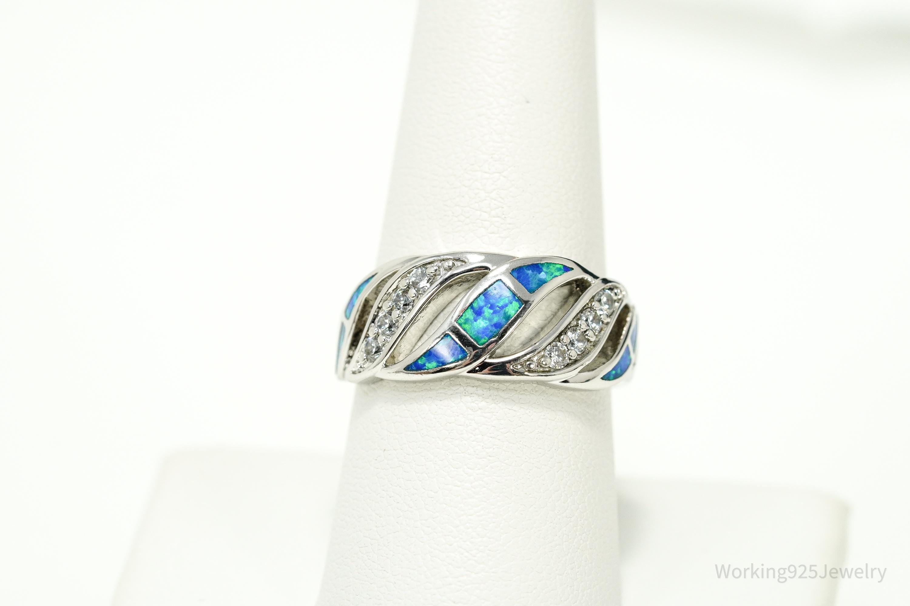 Vintage Cubic Zirconia & Opal Inlay Sterling Silver Ring - Size 8.5