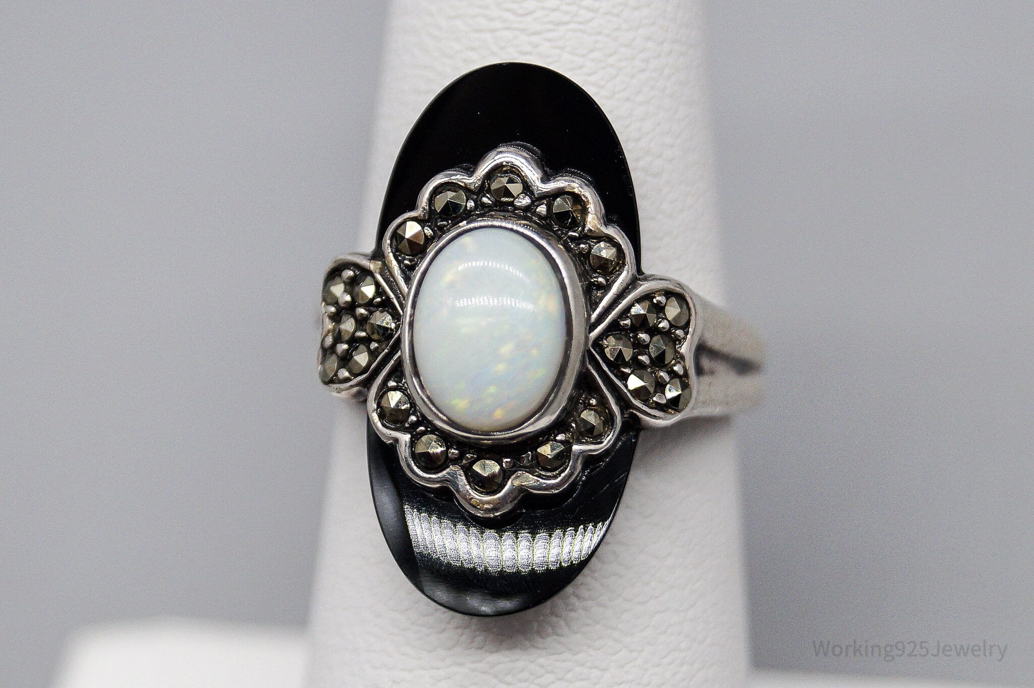 VTG Chapal-Zenray Opal Black Onyx Marcasite Sterling Silver Ring Size 6