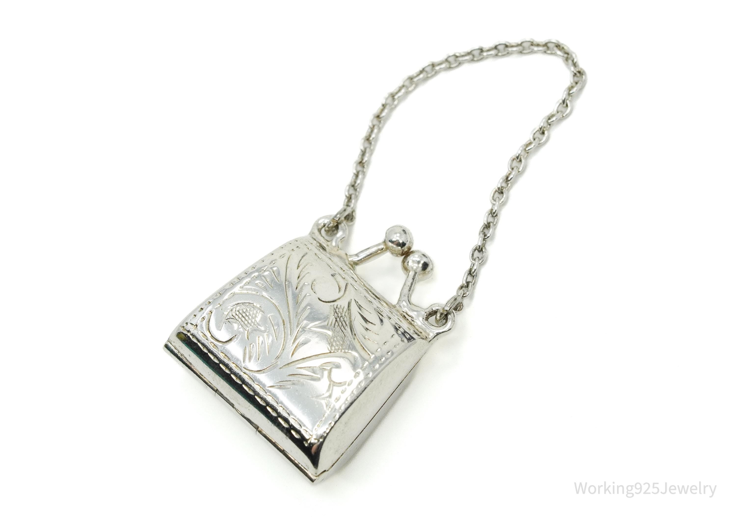 Vintage Purse Bag Locket Etched Sterling Silver Charm Pendant Keychain