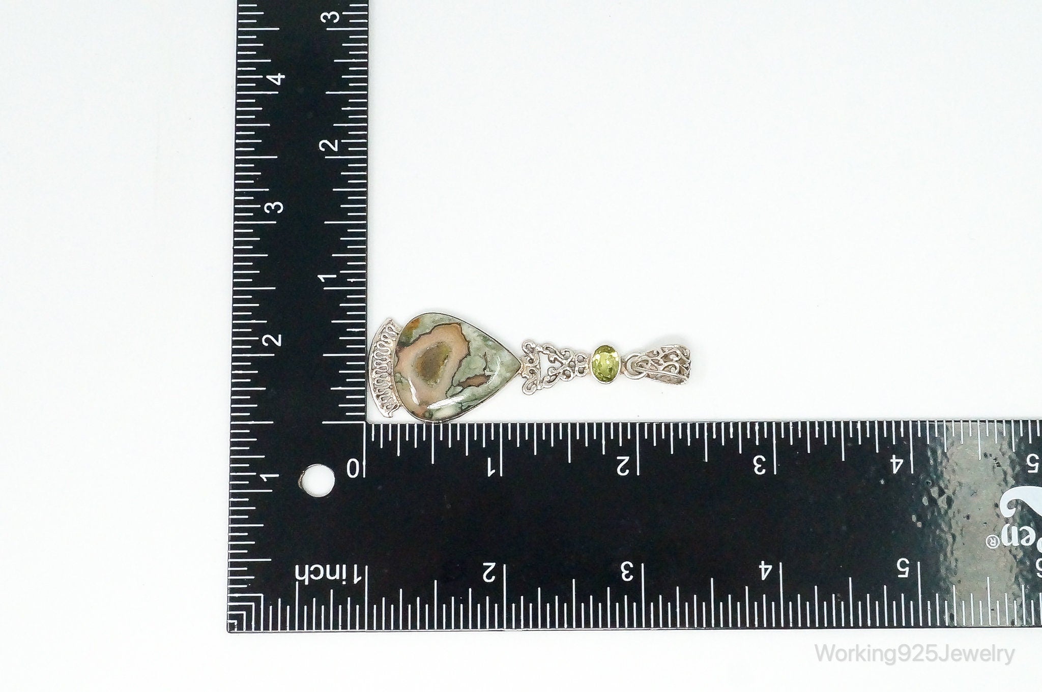 Vintage Large Jasper Peridot Sterling Silver Necklace Pendant