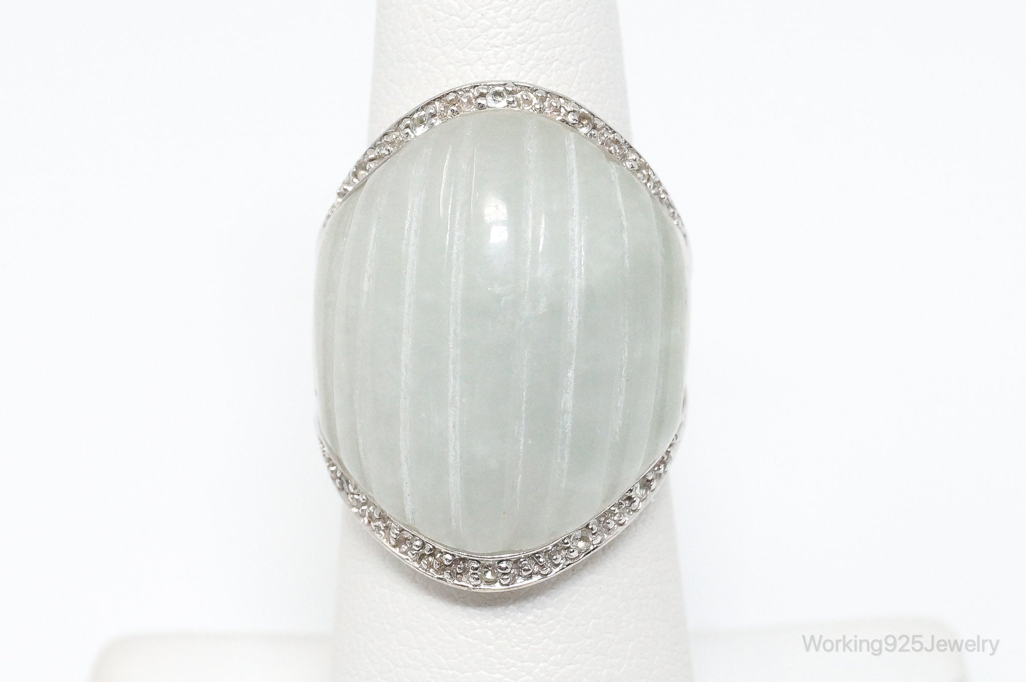 Vintage White Jade Cubic Zirconia Sterling Silver Ring - Size 5.75