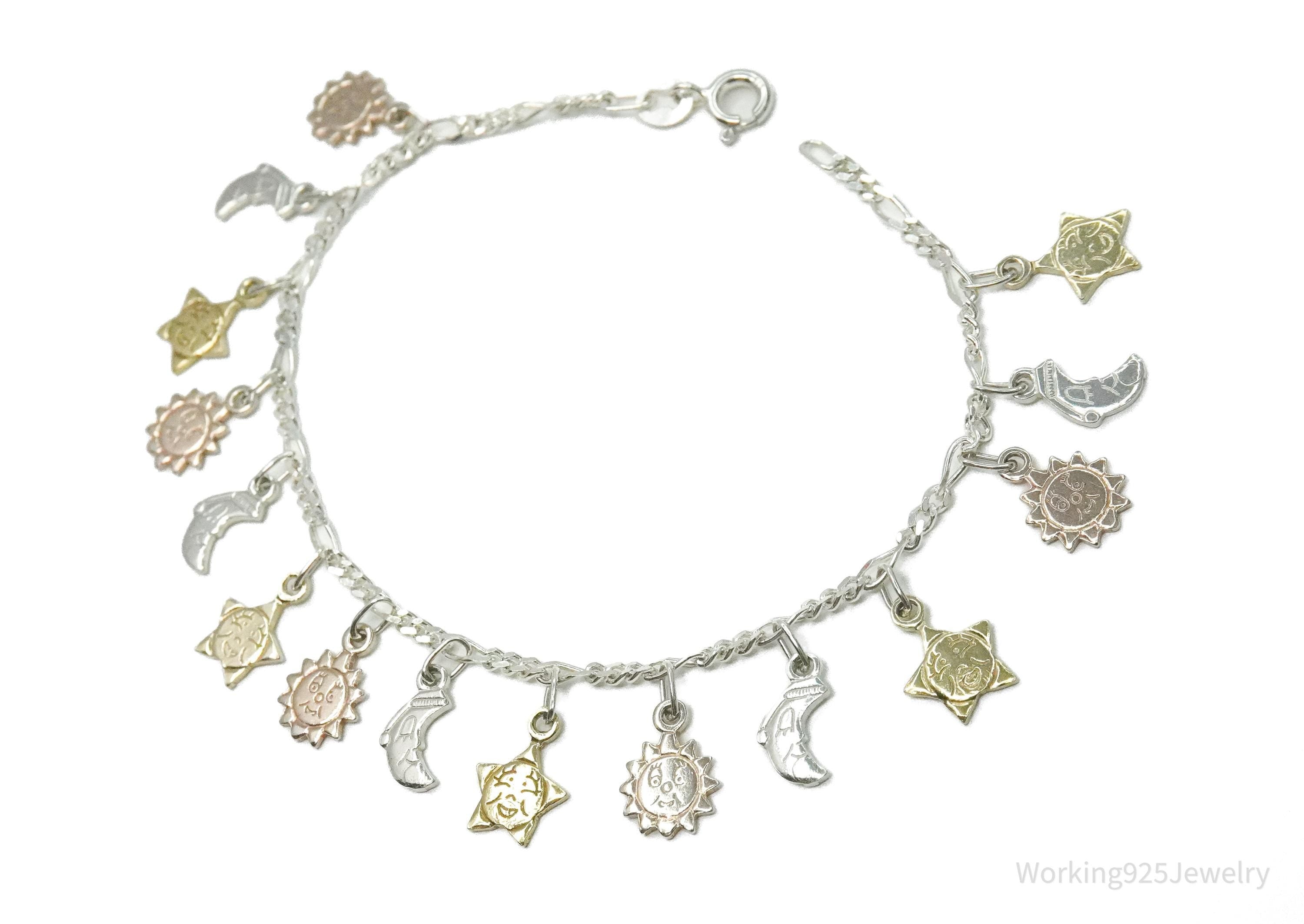 Vintage Suns Moons & Stars Charms Sterling Silver Multi Color Tone Bracelet - 7 1/8"