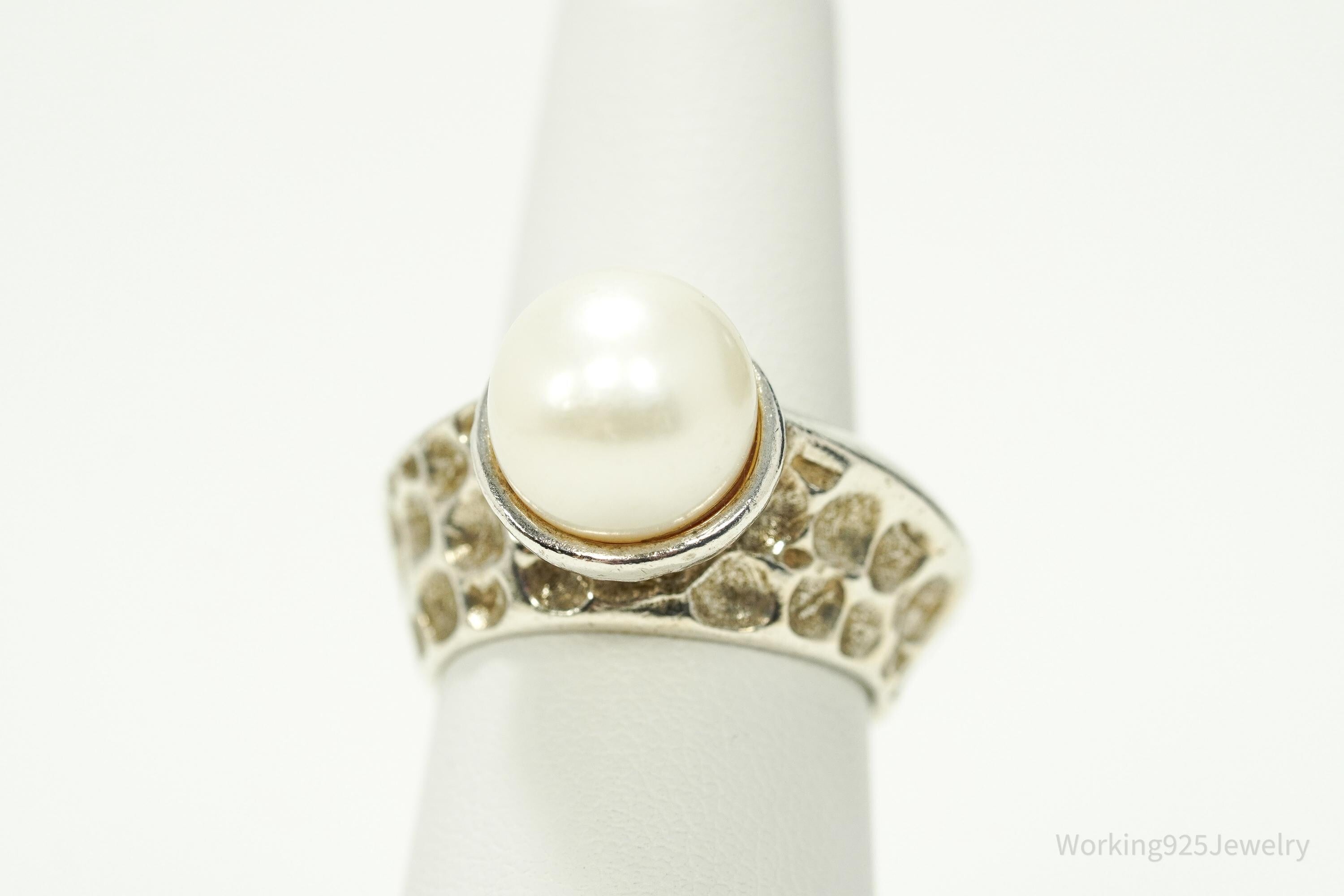 Vintage Pearl Modernist Style Sterling Silver Ring - Size 7.25