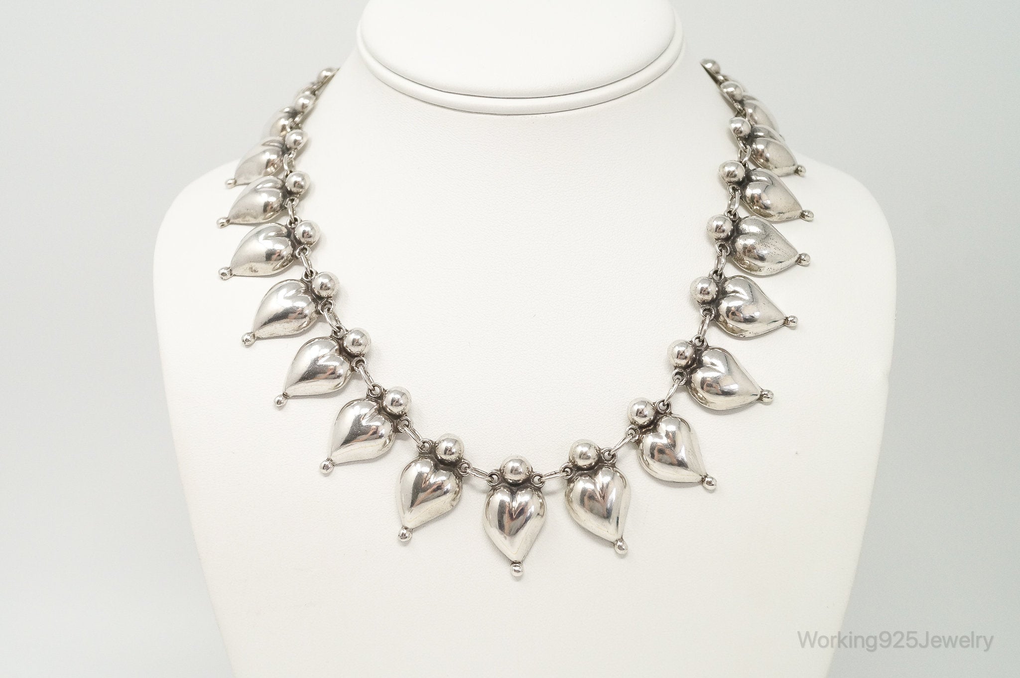 Vintage Mexico Modernist Puffy Heart Silver Necklace