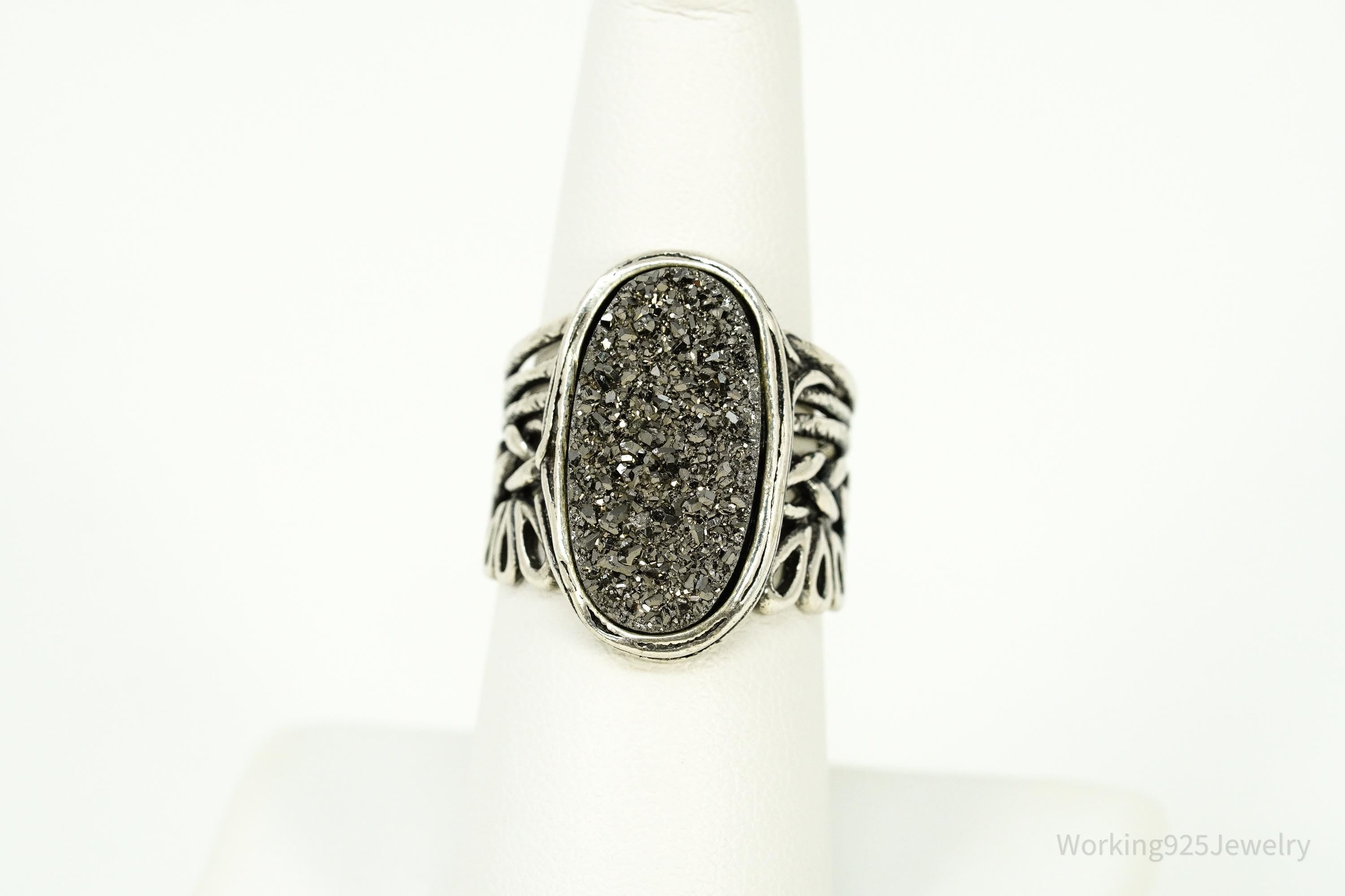 Vintage Israel Or Paz PZ Druzy Quartz Sterling Silver Ring - Size 7.75