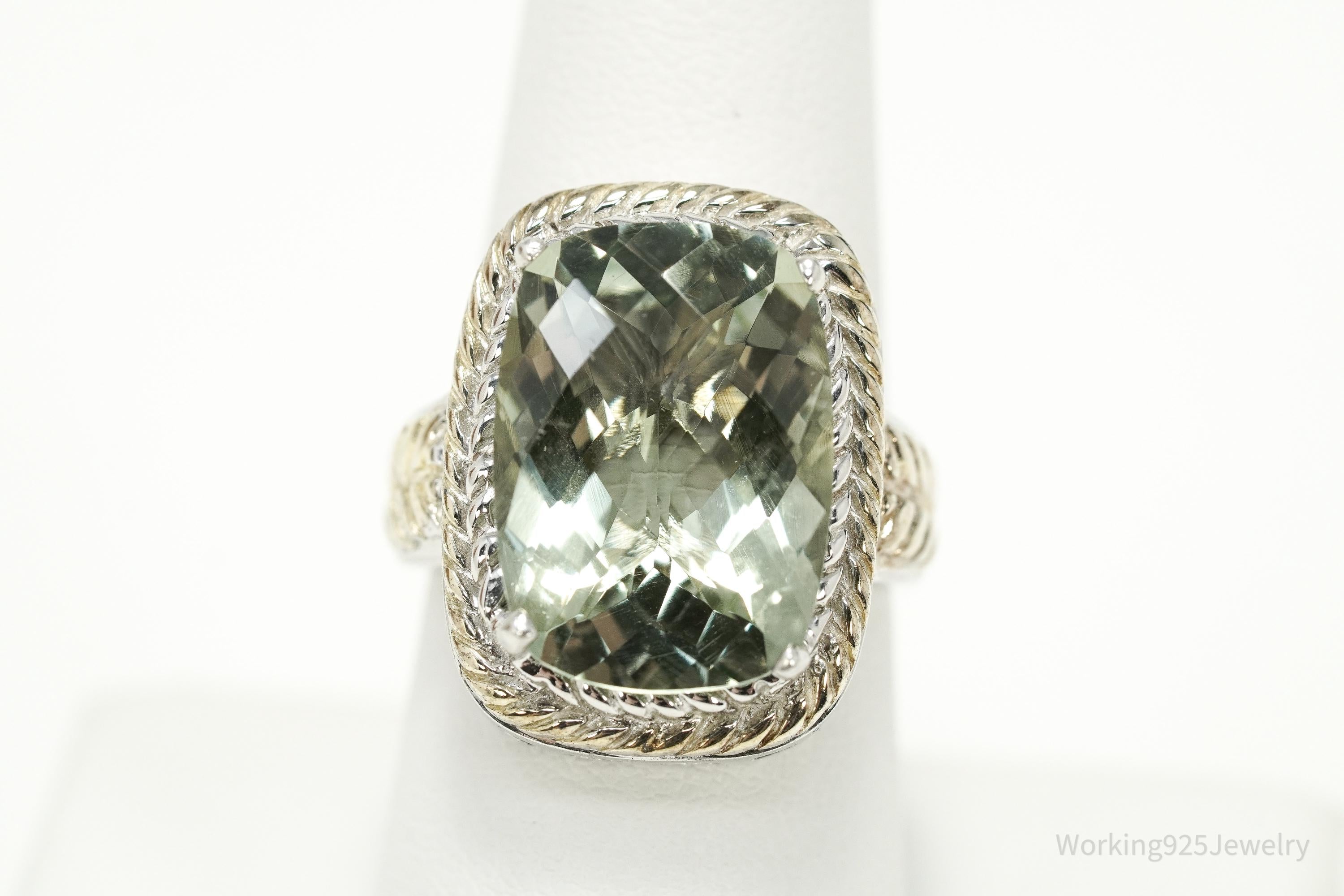 Vintage Large Prasiolite Gold Vermeil Sterling Silver Statement Ring - Size 8.25