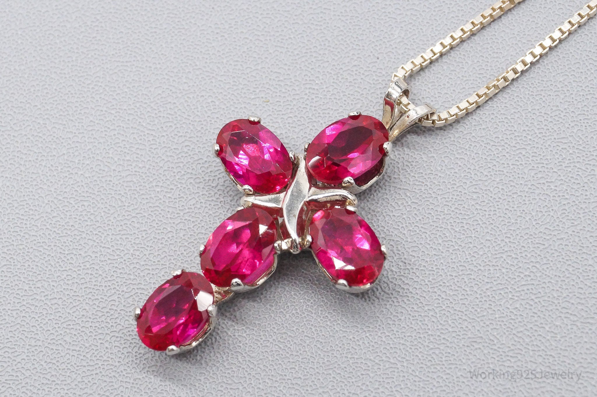 Vintage Lab Ruby Cross Sterling Silver Necklace 16"