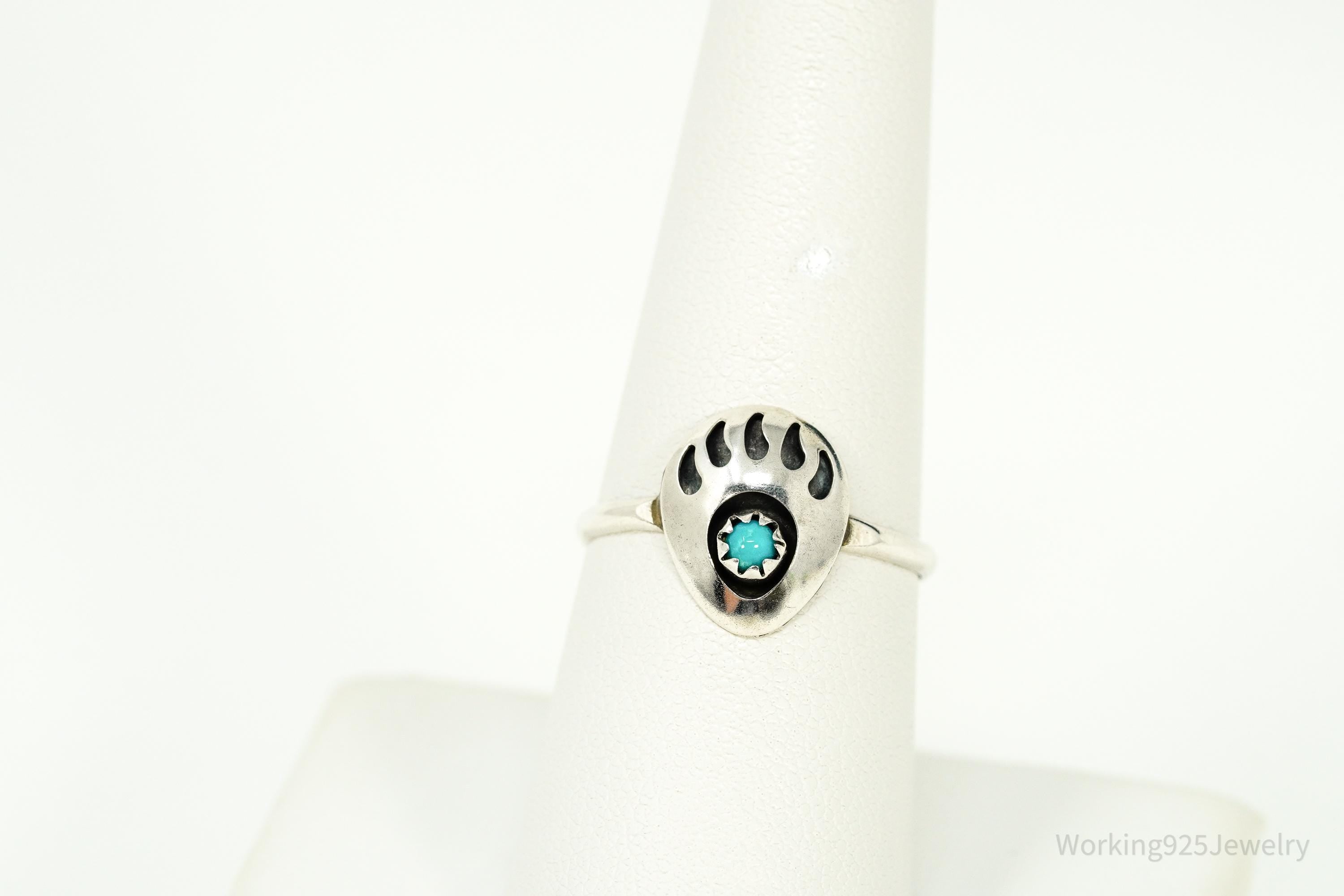 Vintage Handmade Native American Bear Paw Turquoise Silver Ring - Size 8