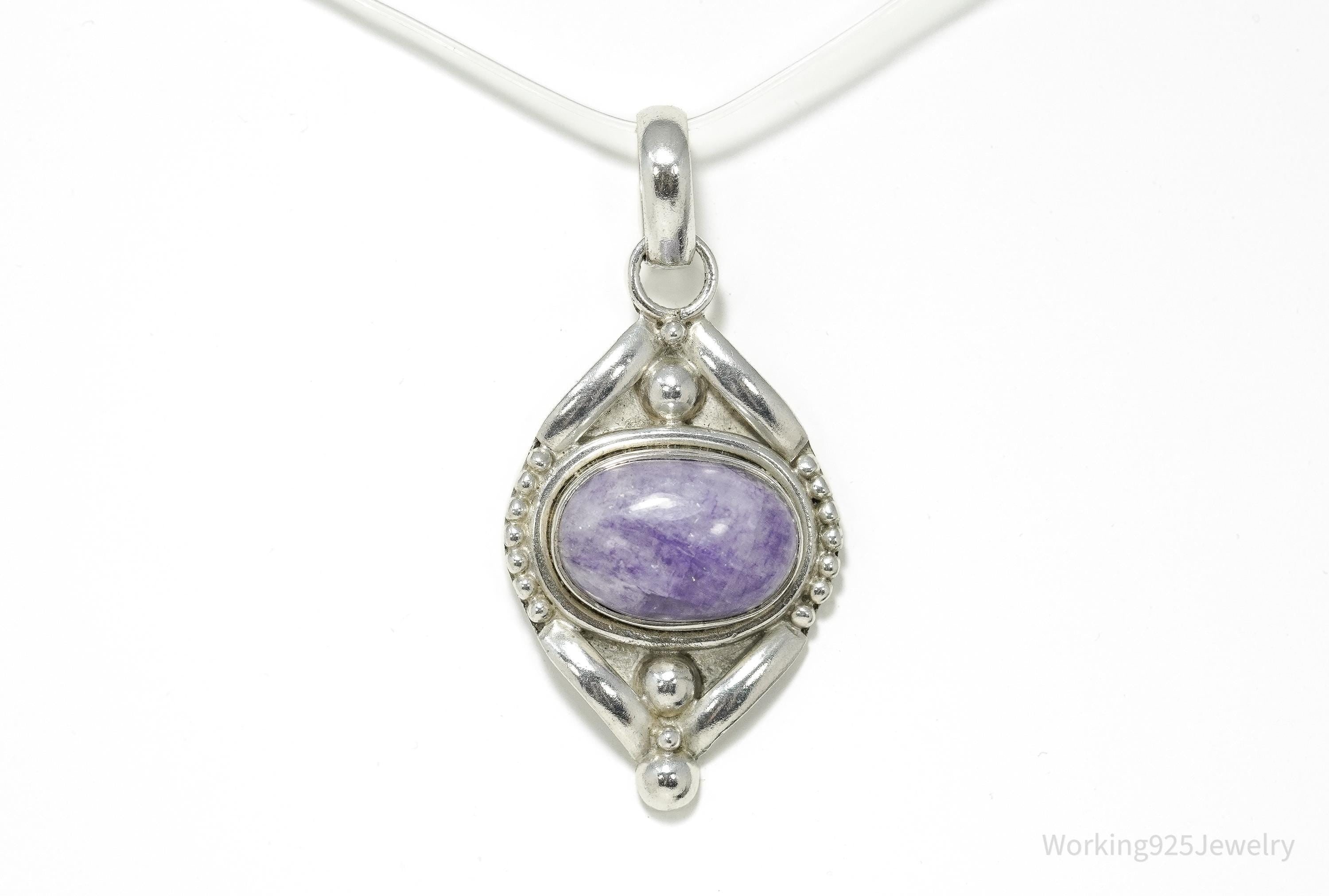 Vintage Sterling Silver Pendant • Purple Amethyst Cabochon Gemstone Jewelry