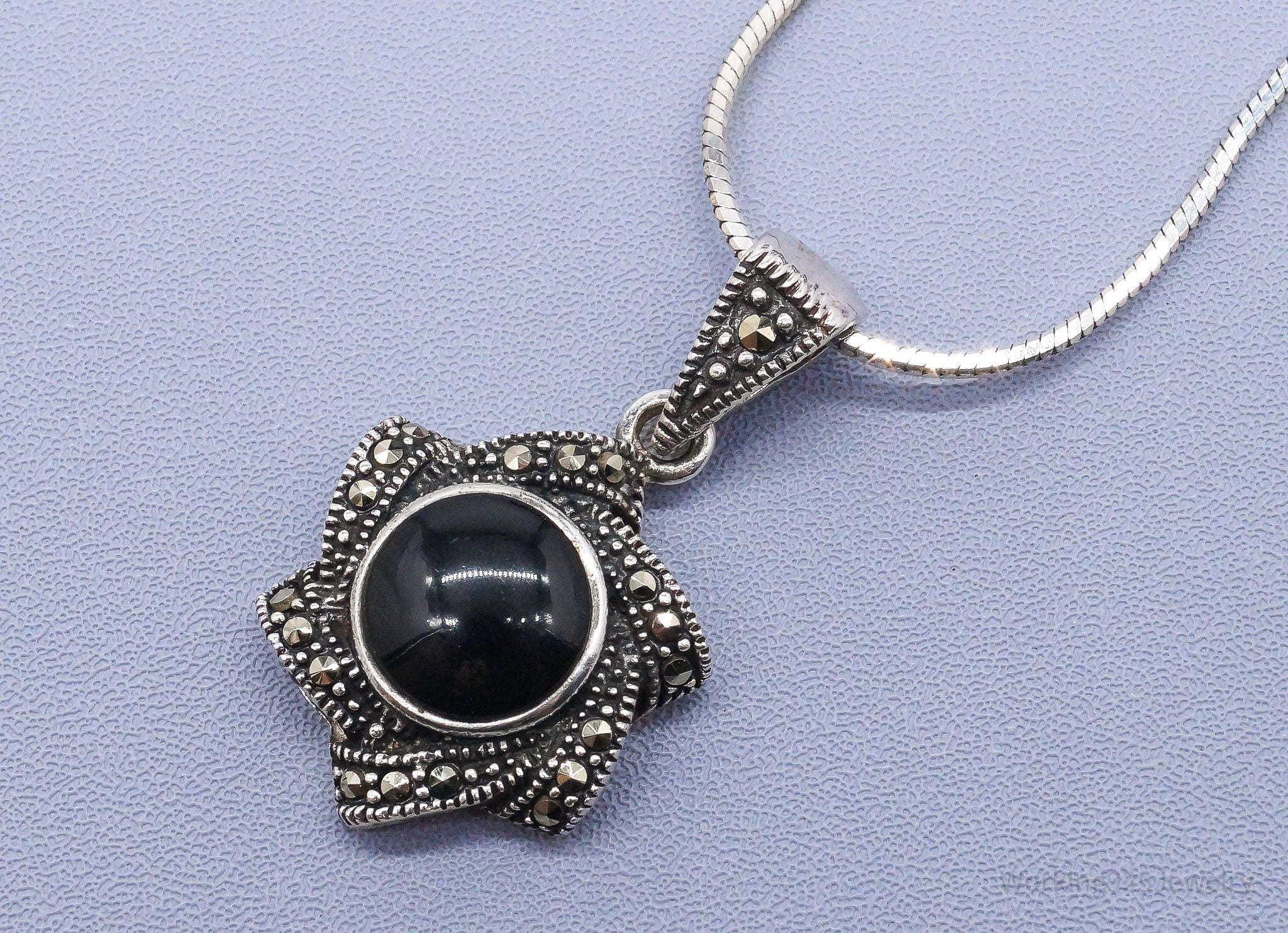 Vintage Black Onyx Marcasite Sterling Silver Necklace 18"
