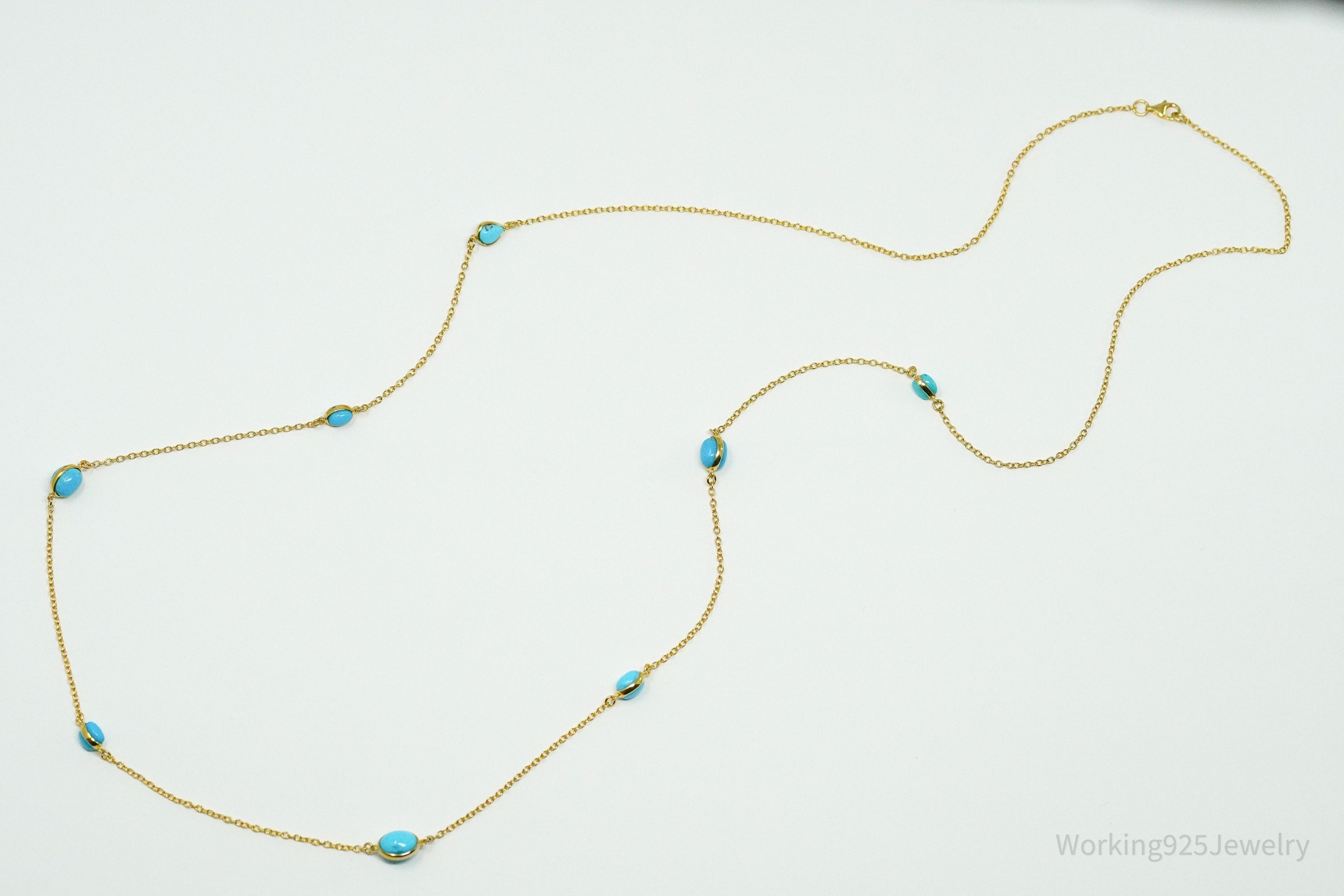 Long Vintage Turquoise Gold Vermeil Sterling Silver Necklace 36"