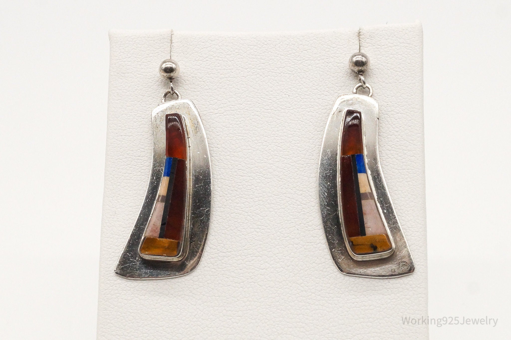 Vintage Native American Multi Gem Inlay Silver Earrings