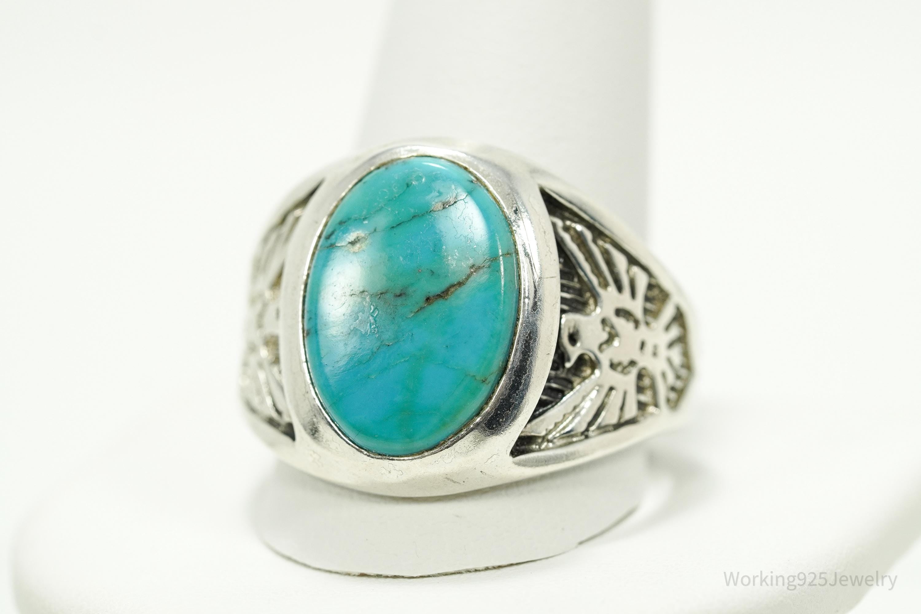 Vintage WMCO Turquoise ThunderBird Design Sterling Silver Ring - Size 15