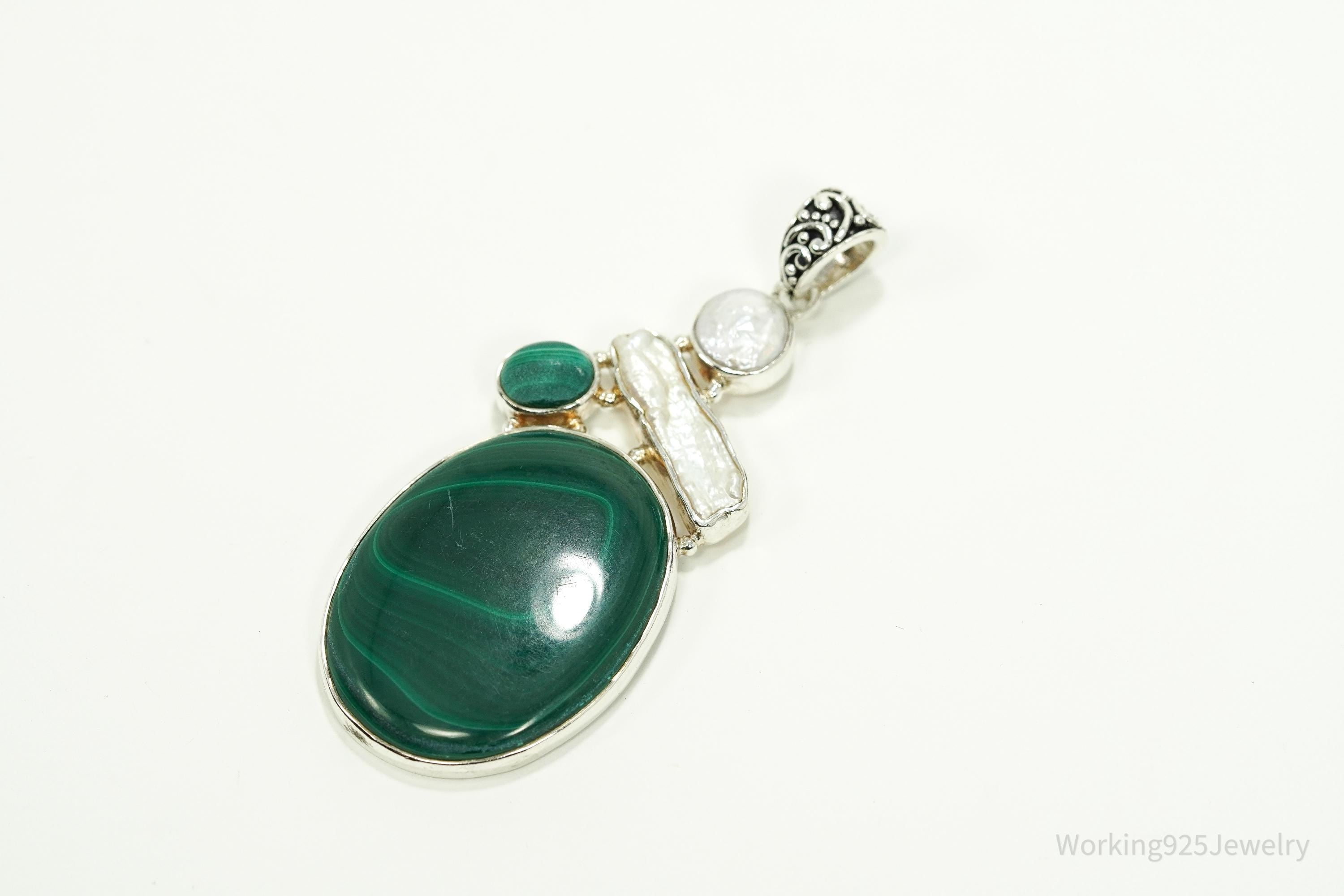 Large Vintage Malachite & Pearl Sterling Silver Necklace Pendant