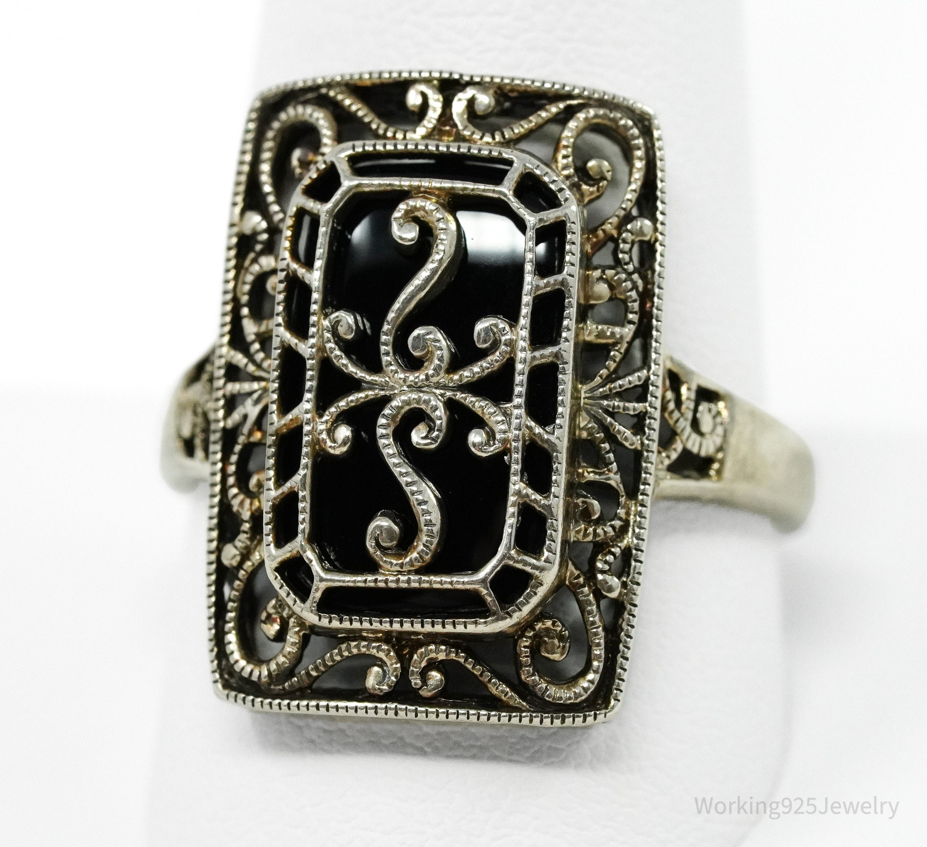 Vintage Black Onyx Scrolls & Swirls Sterling Silver Ring - Size 11.25