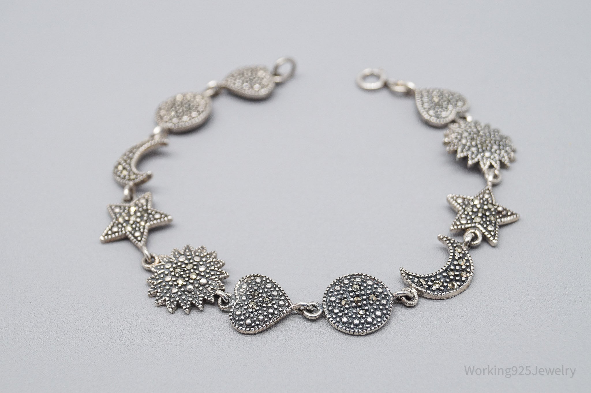 Vintage Marcasite Suns Moons Stars Hearts Sterling Silver Bracelet - 7 3/8"