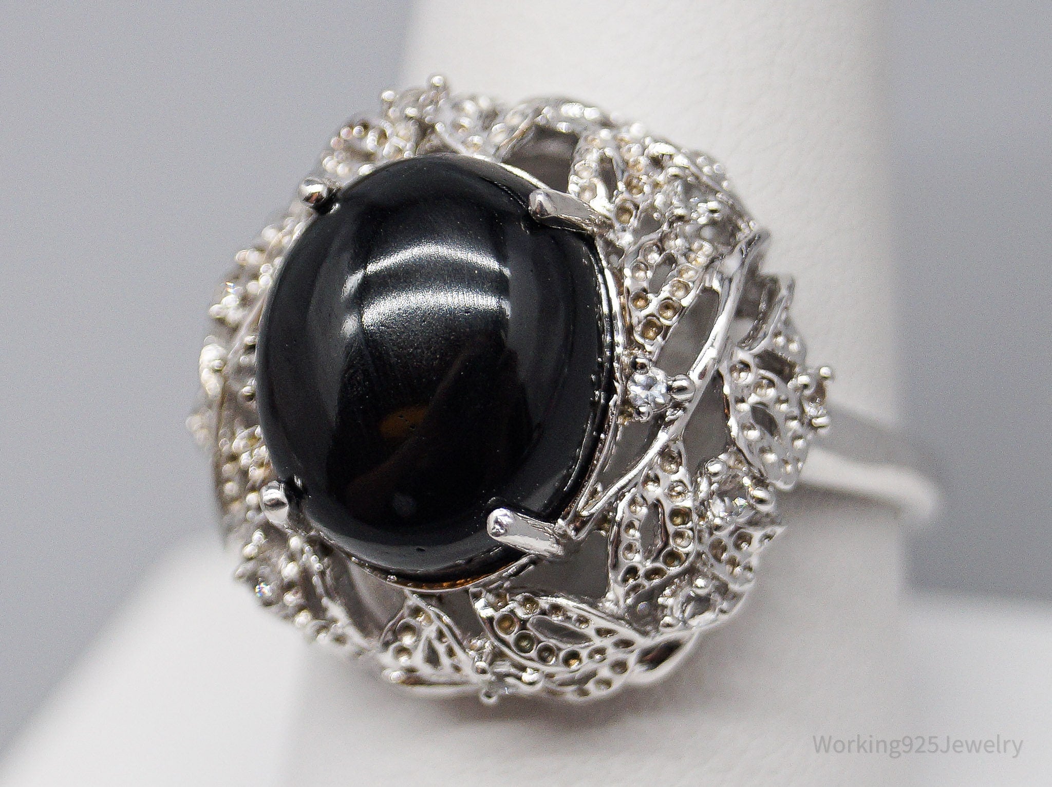 Vintage Black Onyx Cubic Zirconia Sterling Silver Ring - Size 9.25