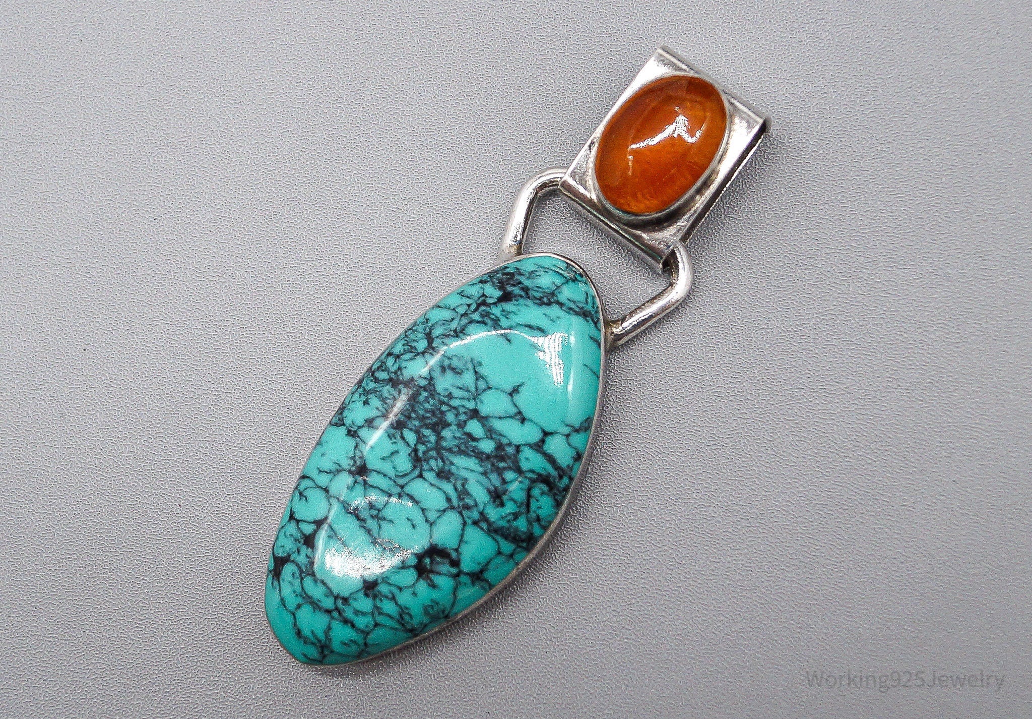 Large Vintage Mexico Modernist HOB Turquoise Carnelian Sterling Silver Pendant