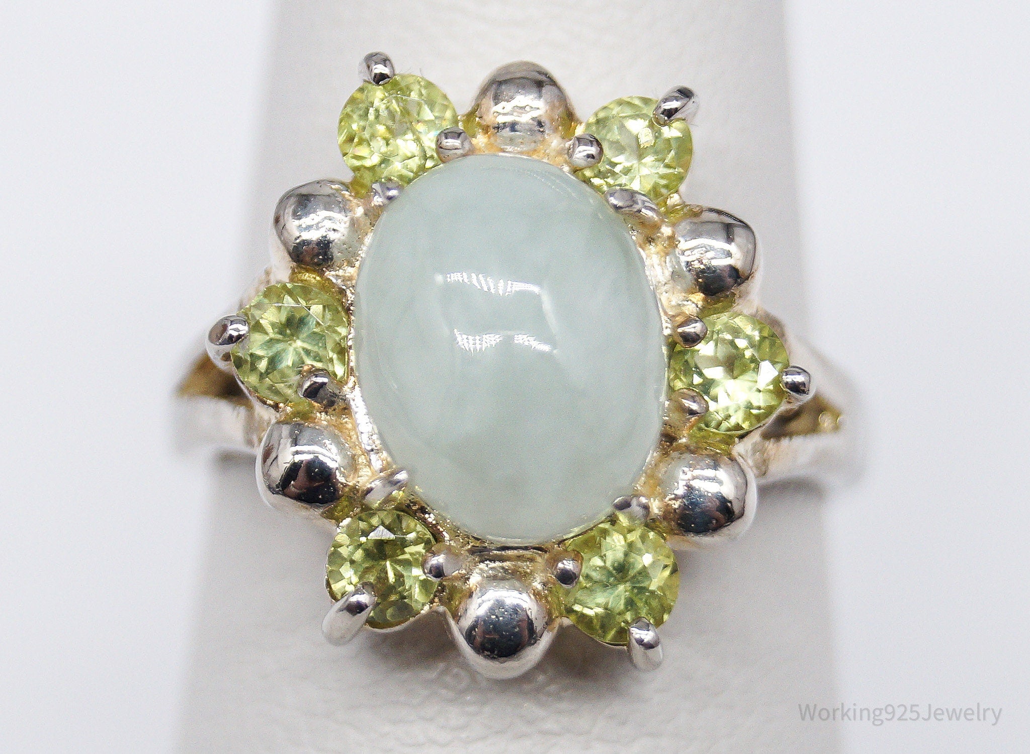 Vintage Green Jade & Peridot Sterling Silver Ring - Size 6