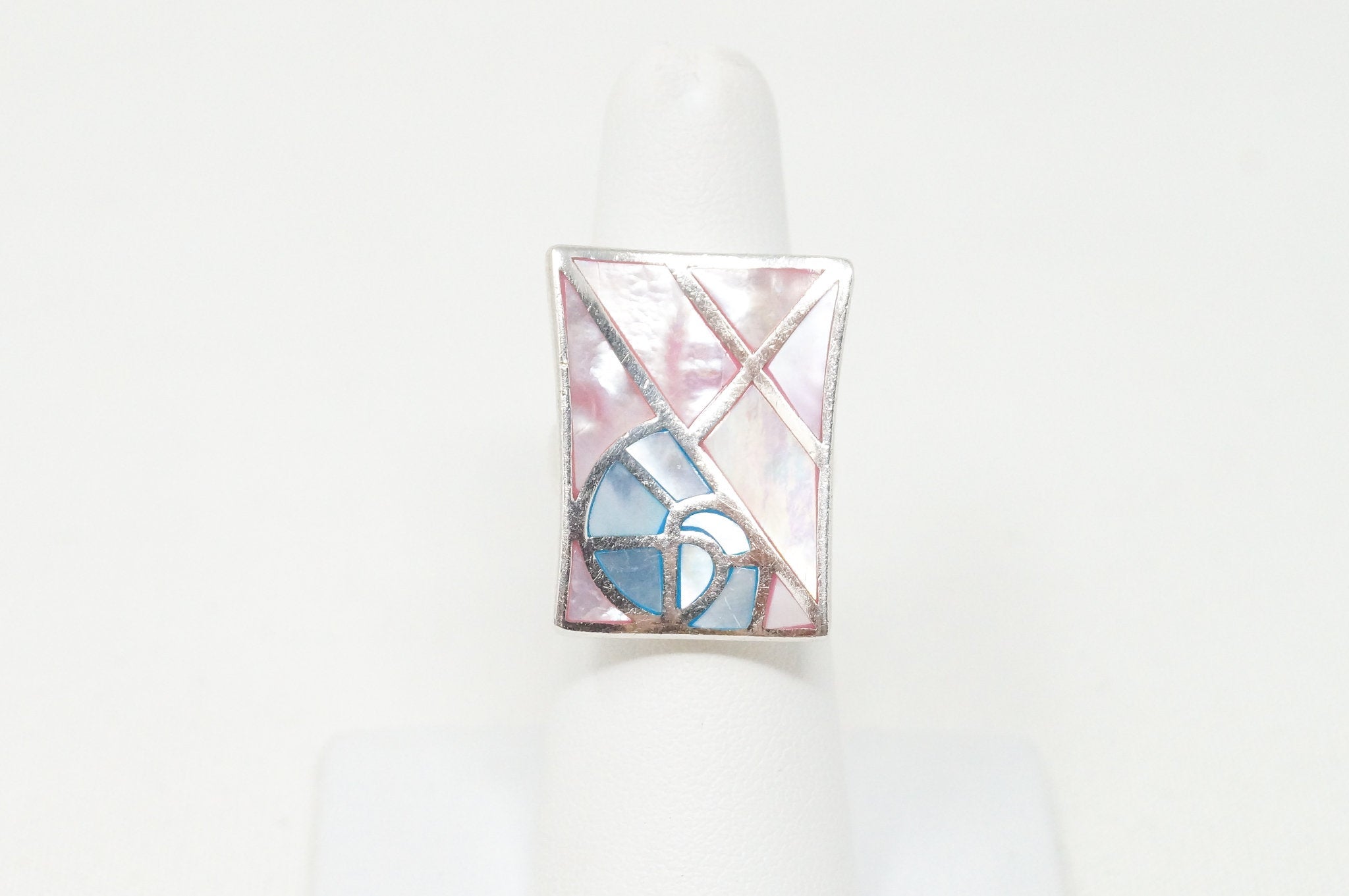 Vintage Pink Blue Mother Of Pearl Pearl Art Deco Ring Sterling Silver Sz 5.5