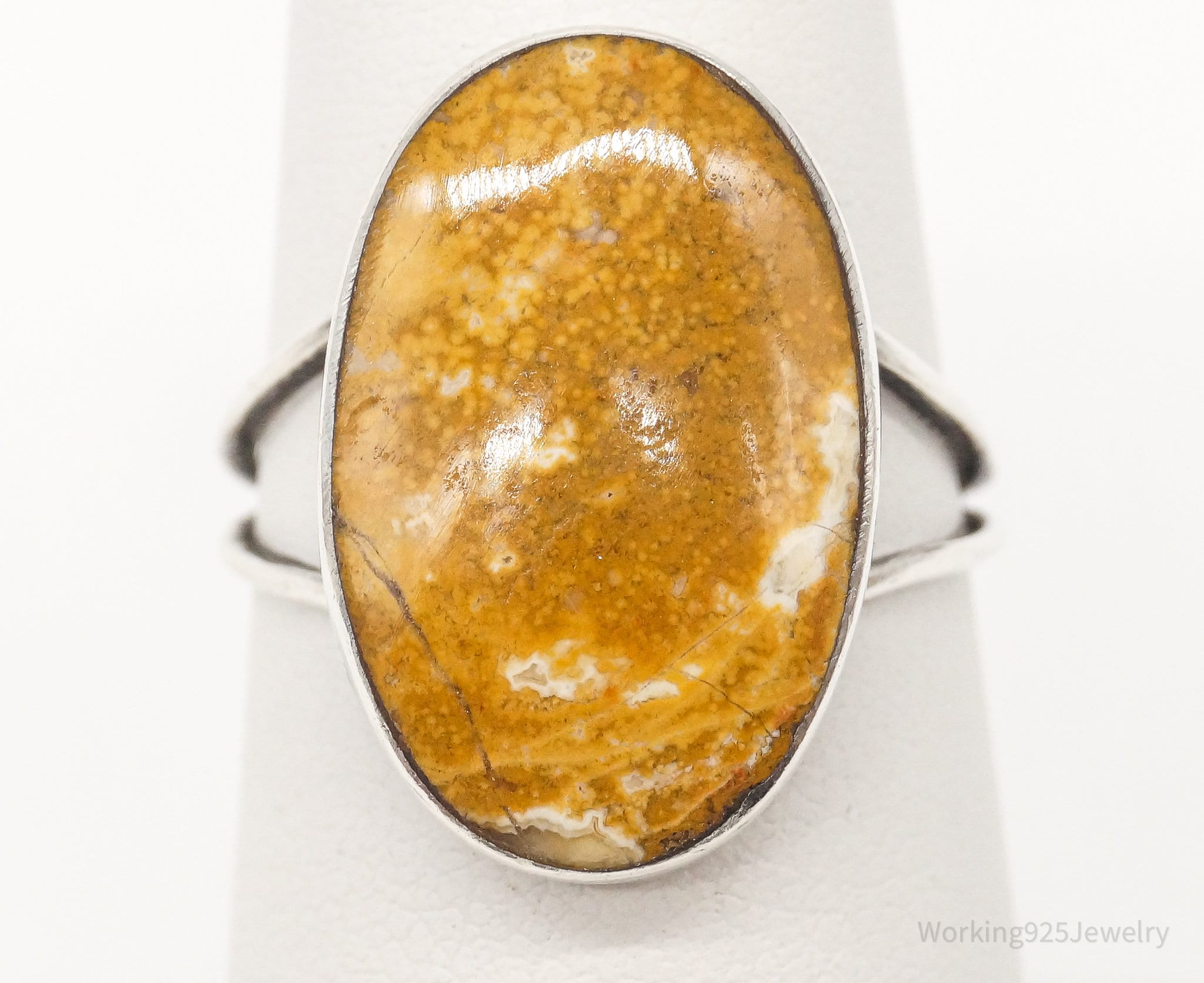 Vintage Yellow Brown Agate Silver Ring - Size 6