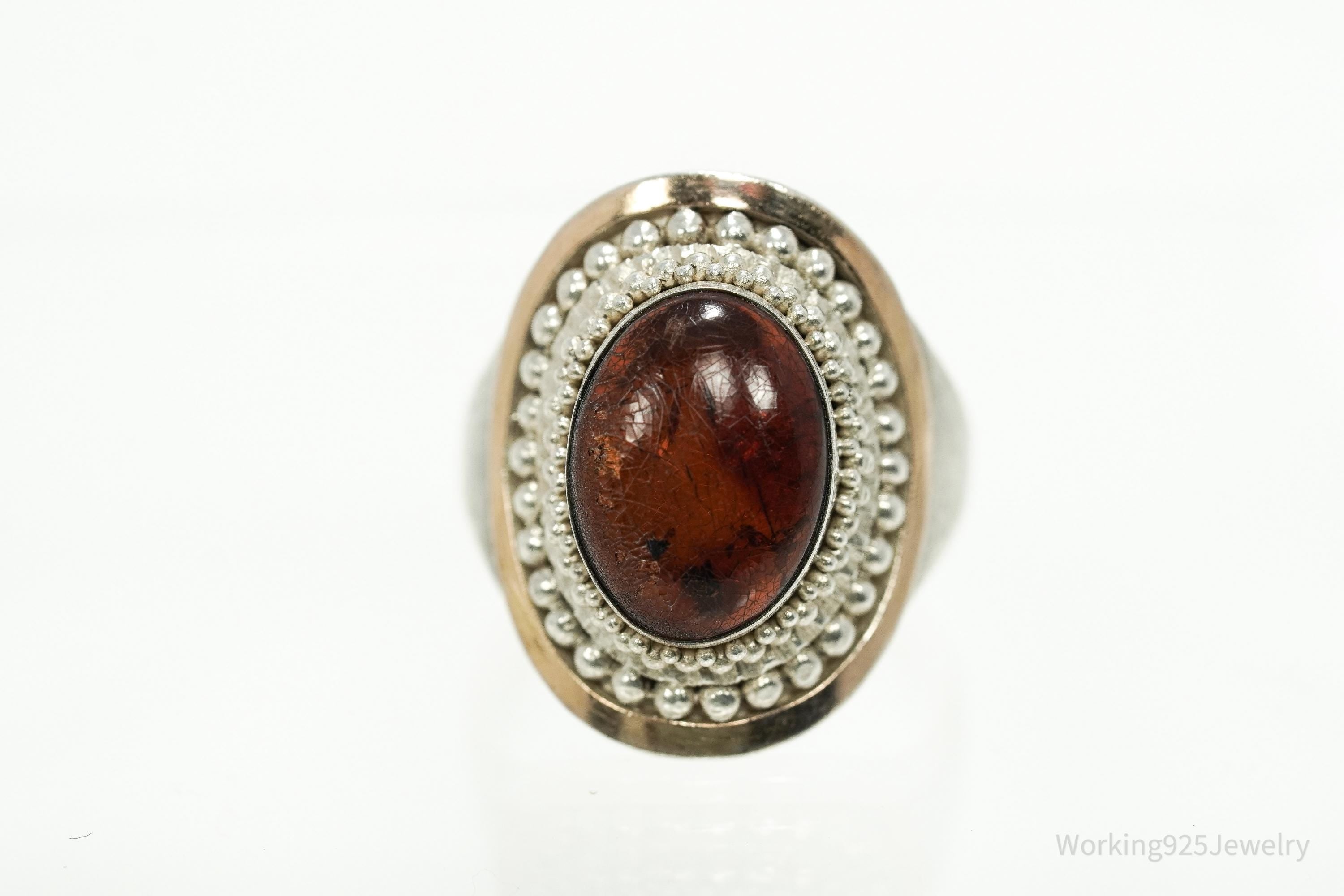 Vintage Amber Sterling Silver Gold Vermeil Ring - Size 8.25