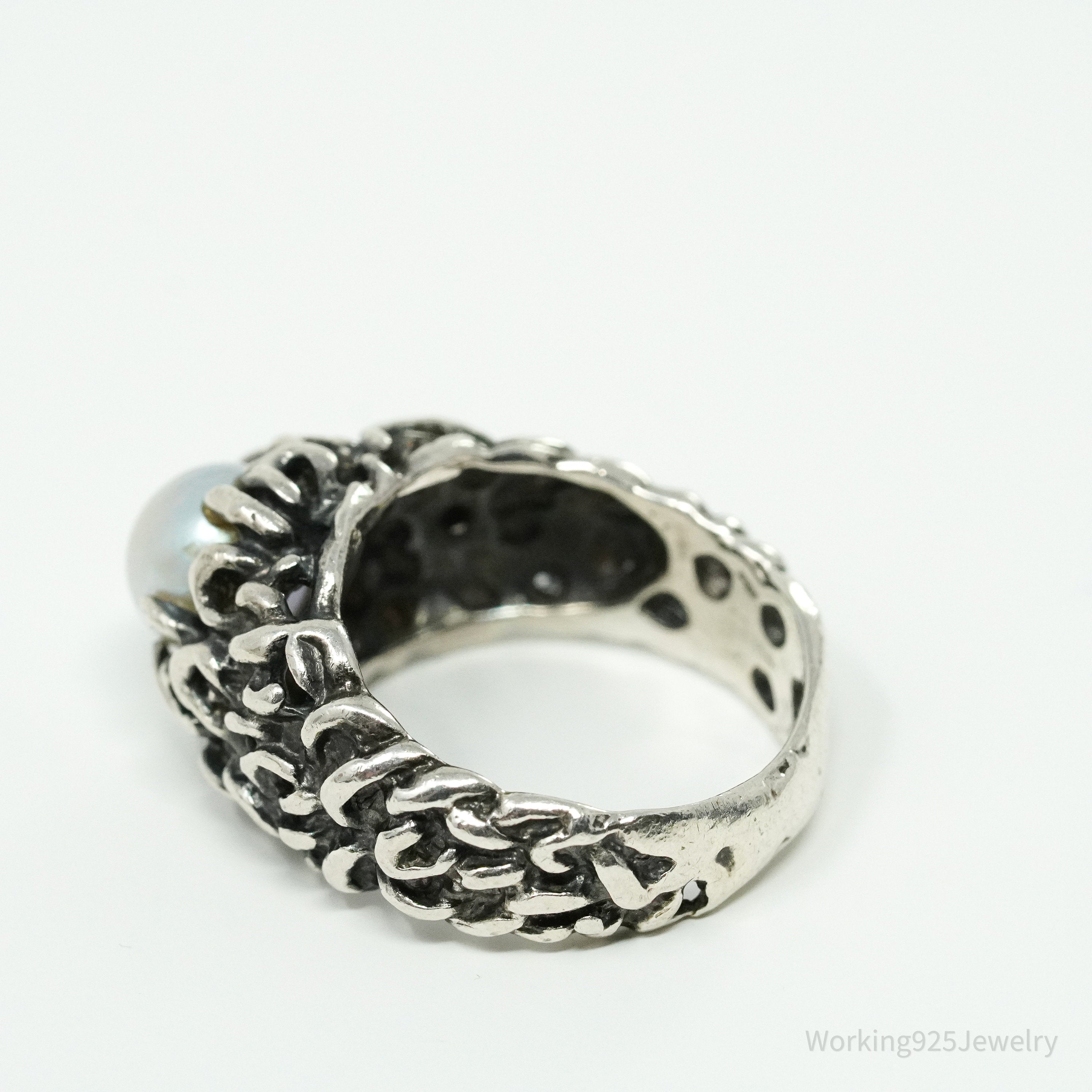 Vintage Pearl Brutalist Sterling Silver Ring - Size 6